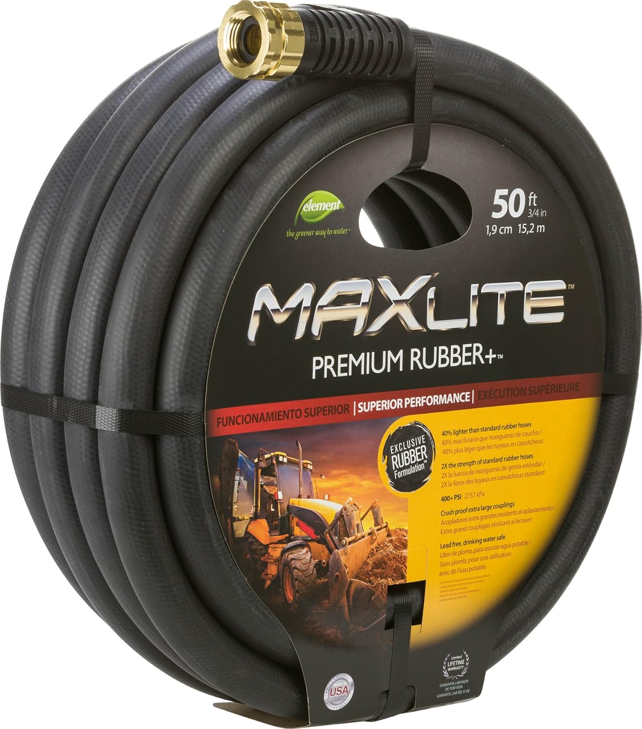 Swan Products CELSGC58050 Element MAXLite Premium Rubber+ Water Hose with Crush Proof Couplings 50' x 5/8", Black