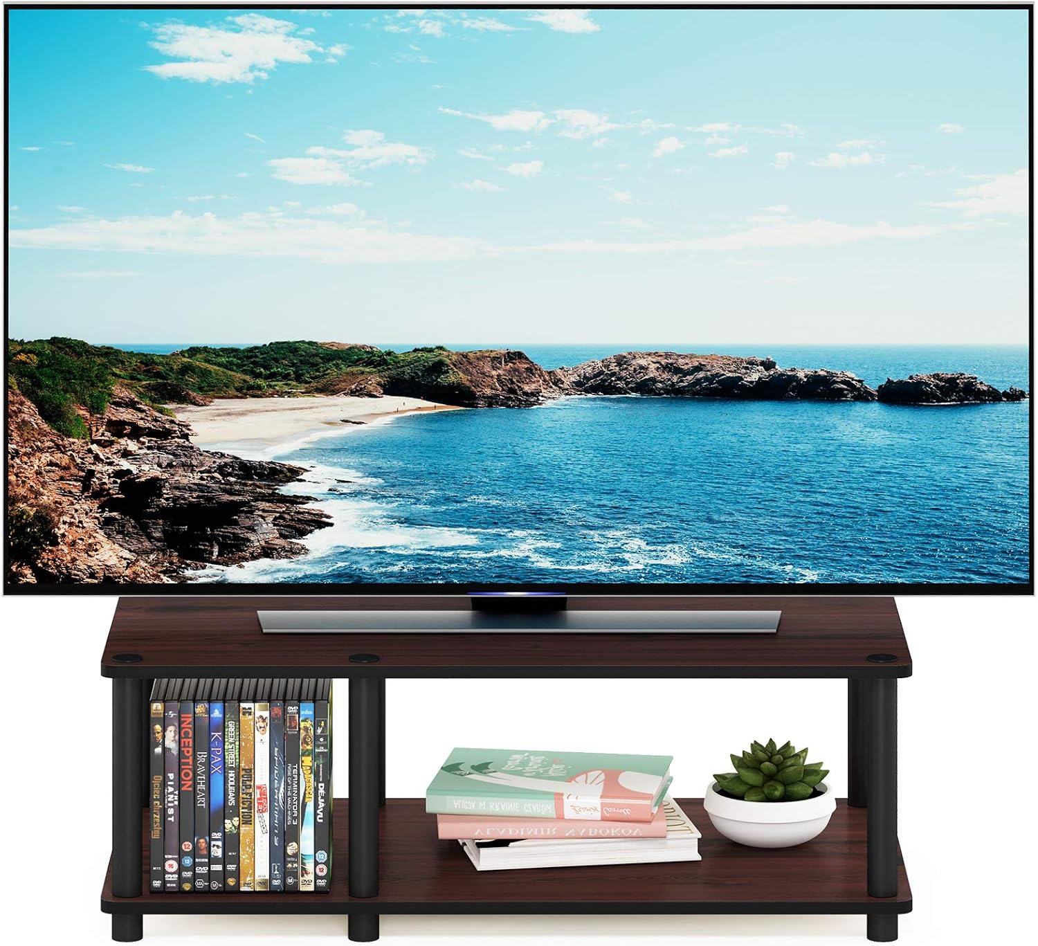 Furinno Turn-N-Tube TV Riser Stand, 2-Tier Small Elevated No Tools TV Stand, TV Console for TV up to 32 inch, 15.8 x 23.8 x 11, for Living Room, Bedroom, French Oak/Black