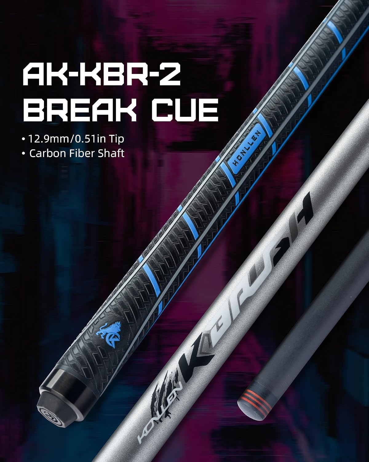 KONLLEN Carbon Fiber Break Cue, 58-Inch Pool Stick, 13mm Tip | Carbon shaft, 2-piece design, firm tip setup, built for dedicated break shots