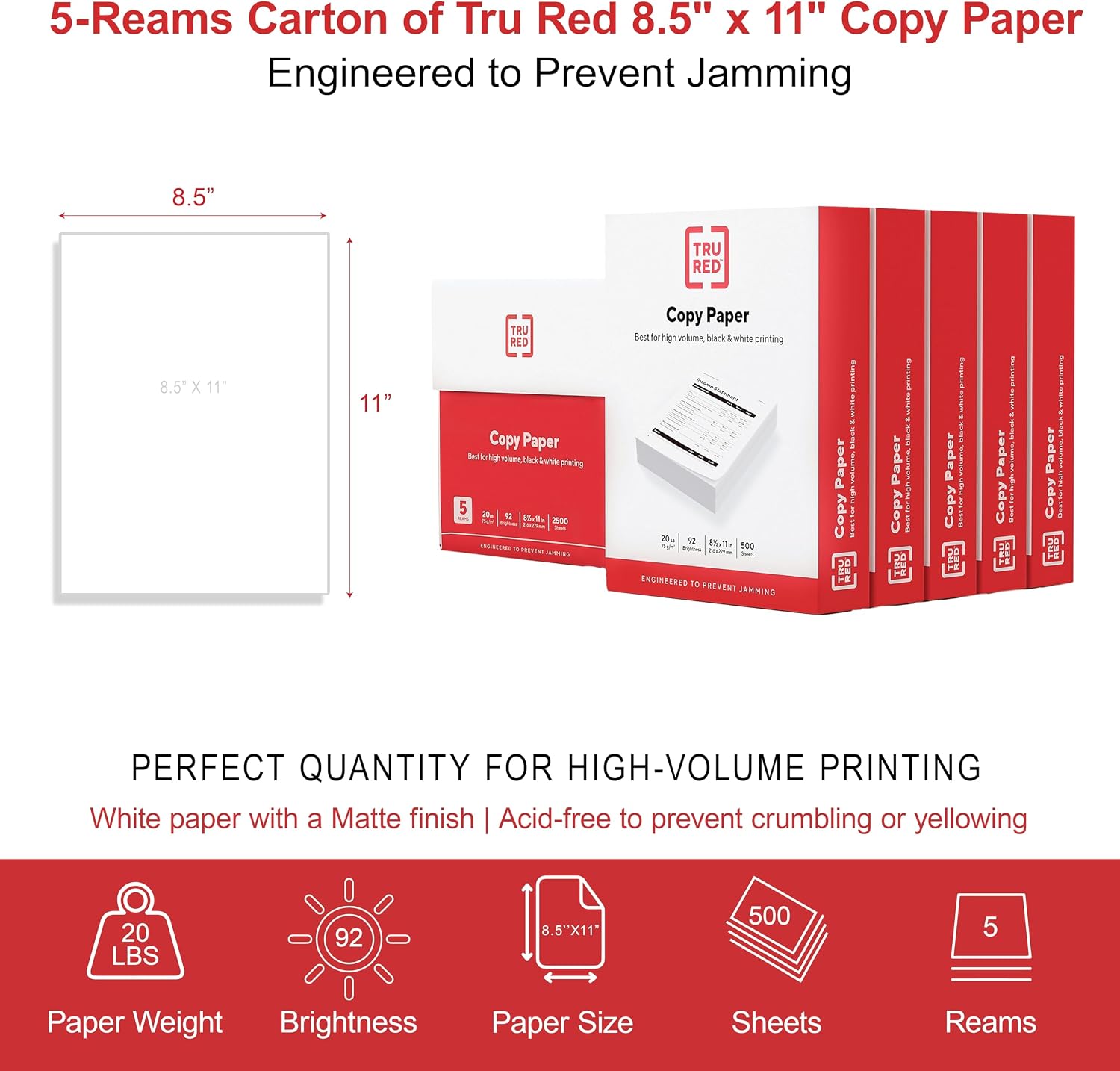 Staples TRU RED Copy & Printer Paper, 8.5 x 11, 20 lb, 92 Bright, 5,000 Sheets/Carton, White Letter Size Paper for Office, School & Home