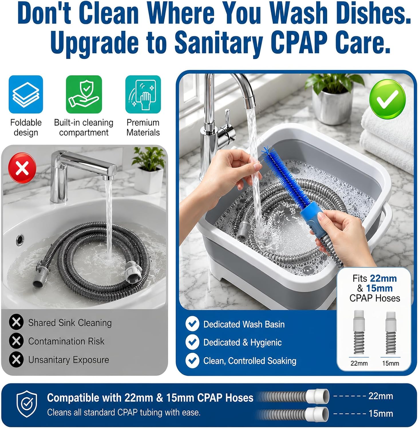 10 Pack CPAP Cleaning Kit with Speed-Adjustable Hose Dryer (for 22 mm &15 mm Tubing), Collapsible Wash Basin & 2 Hooks