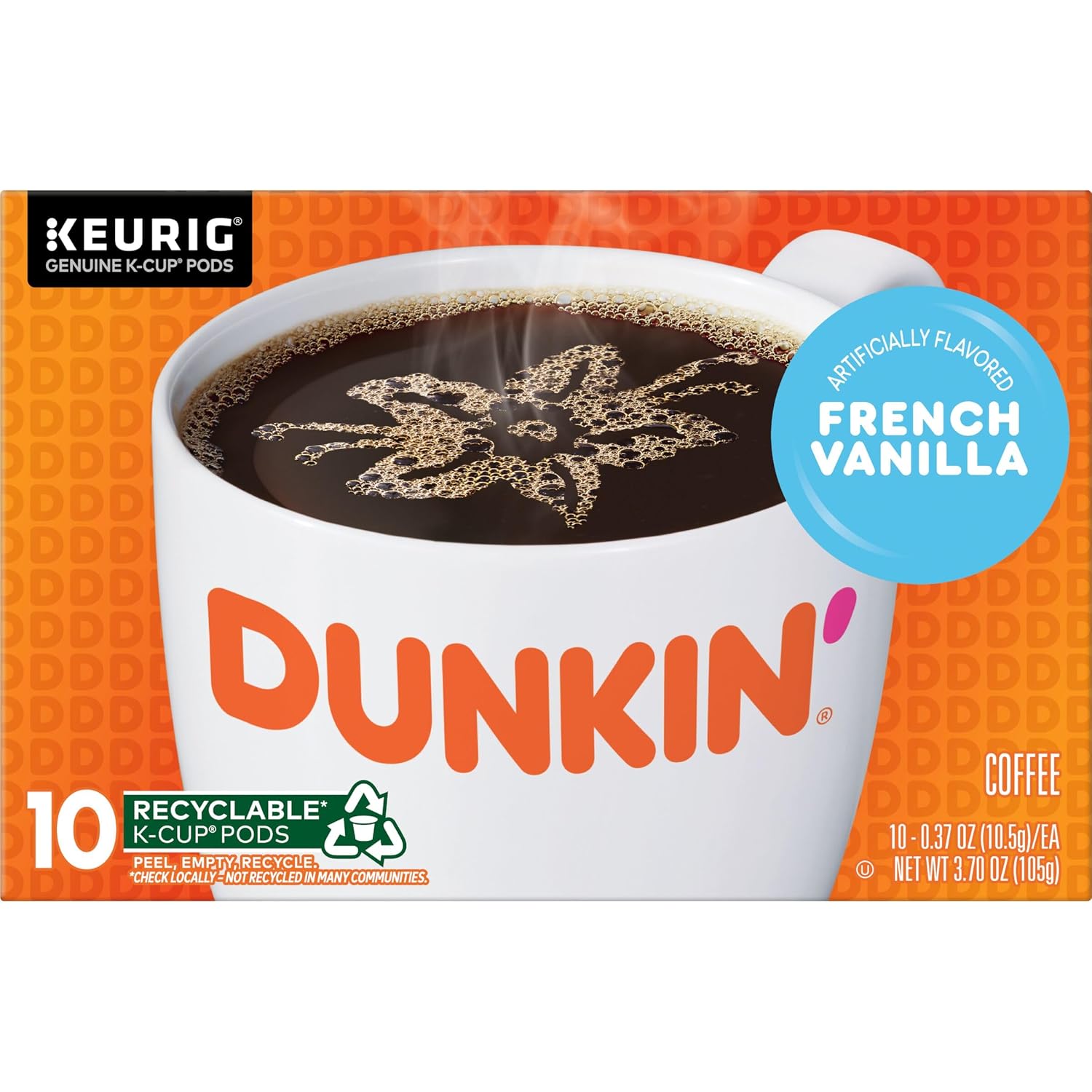 Dunkin’ French Vanilla Artificially Flavored Coffee, 60 Keurig K-Cup Pods | 6 boxes of 10 single serve coffee pods each, Smooth & rich flavor, Made with arabica coffee, Shelf stable, SNAP EBT eligible