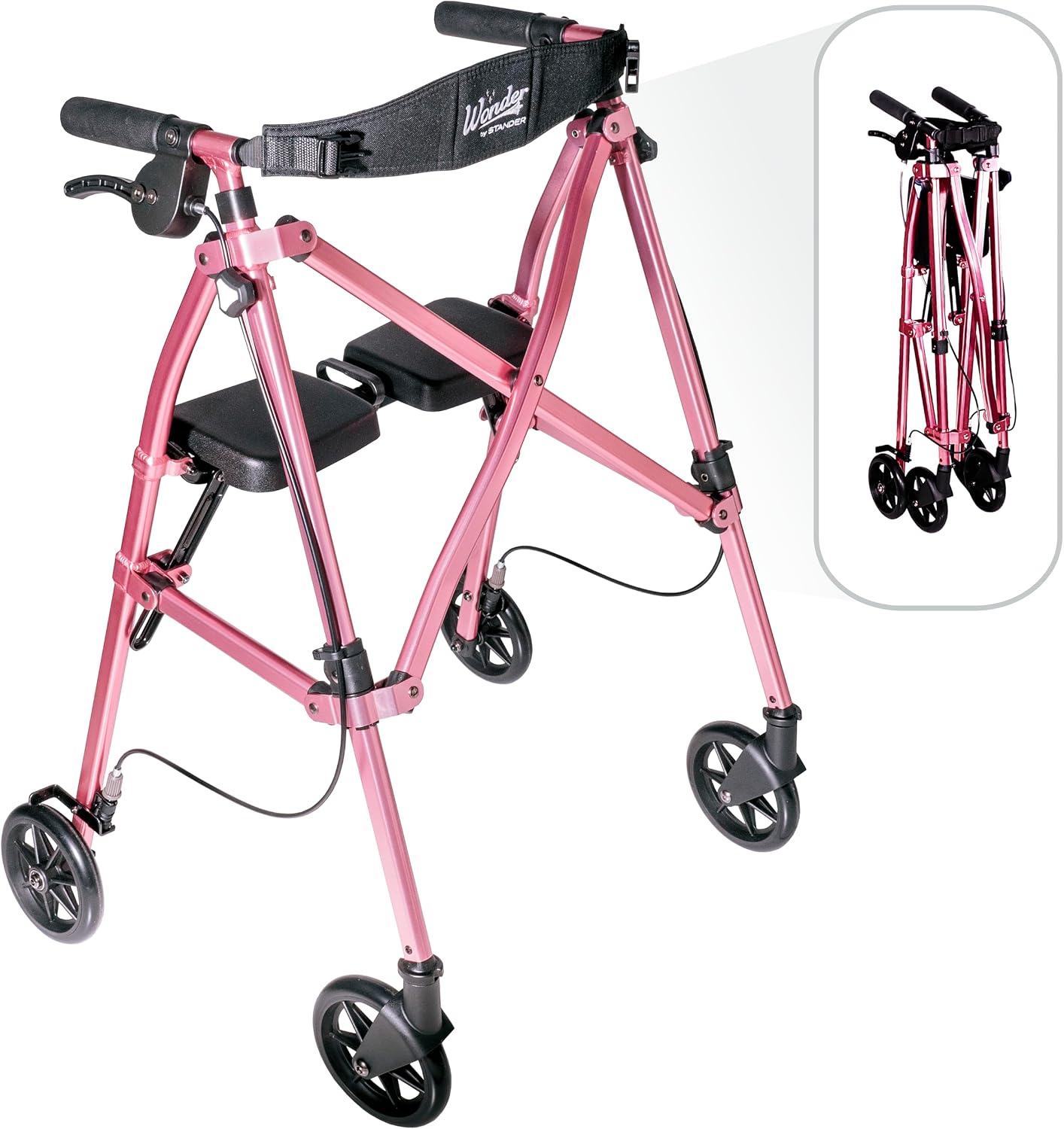Stander Space Saver Rollator, Lightweight Folding Rolling Walker with Seat for Seniors & Adults, 4-Wheel Mobility Aid with 6-inch Wheels