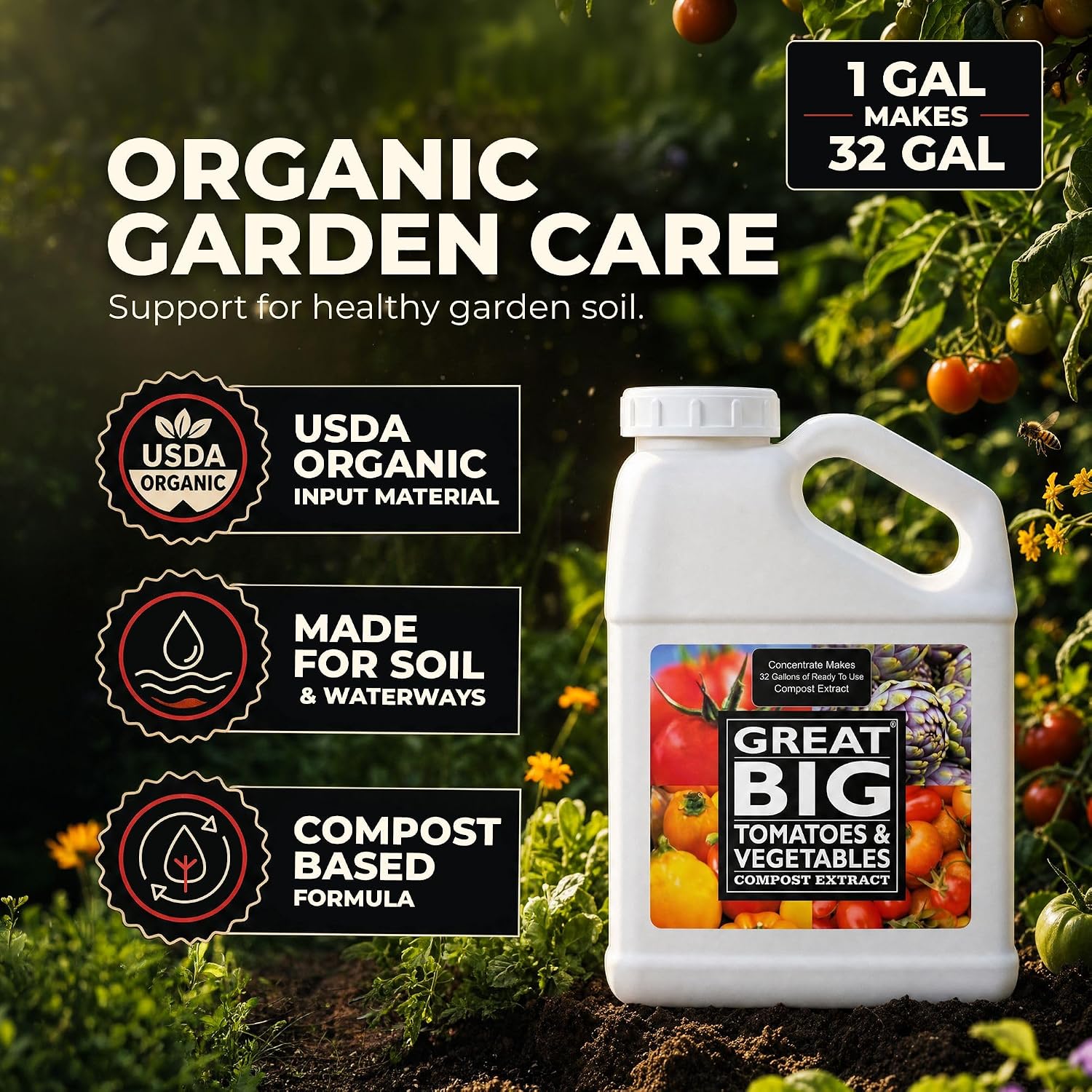 Great Big Tomatoes and Vegetables Liquid Fertilizer Booster - Organic Soil Conditioner, Liquid Compost Extract with Humic Acid, Fertilizer Activator for Big Vegetable Yields, 70 Minerals - 32 Ounce