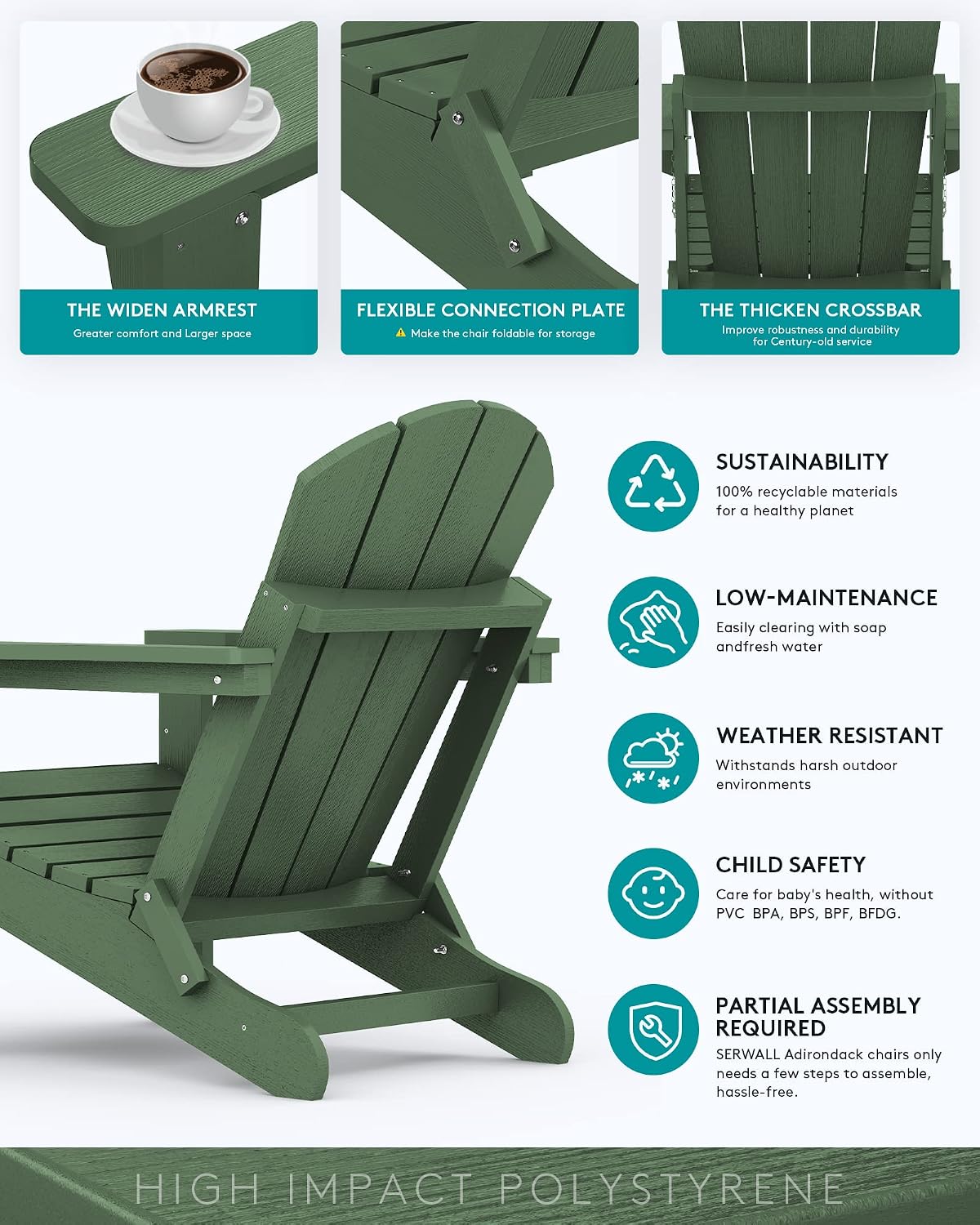 SERWALL Folding Adirondack Chairs with Cup Holder, Outdoor Fire Pit - Blue