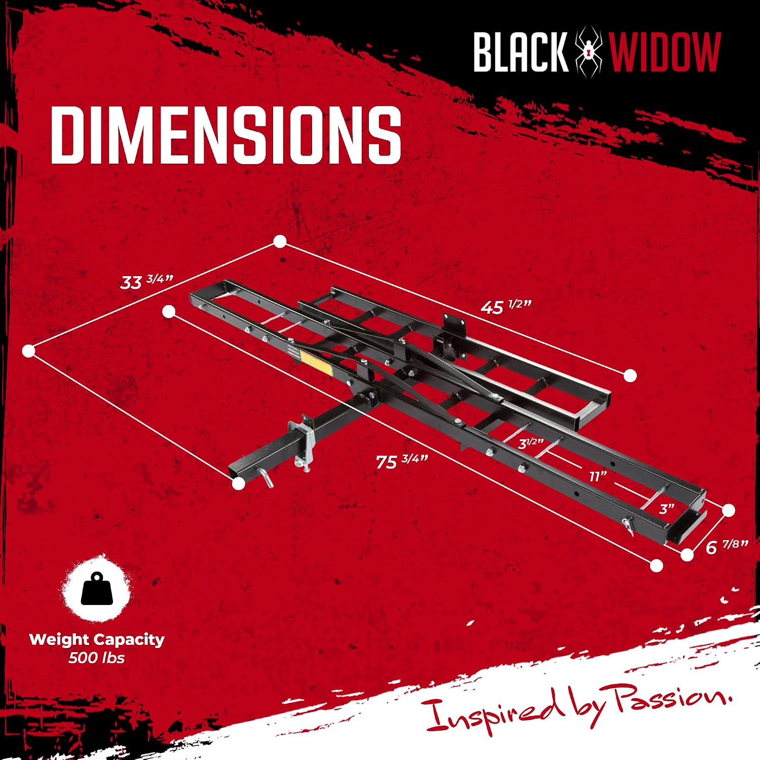 Black Widow Steel Motorcycle Carrier with Ramp for 2-Inch Receiver, 500 lb Capacity - Hitch-Mounted Dirt Bike and Scooter Hauler with Grit-Coated Track and Anti-Rattle Device for SUVs and Trucks