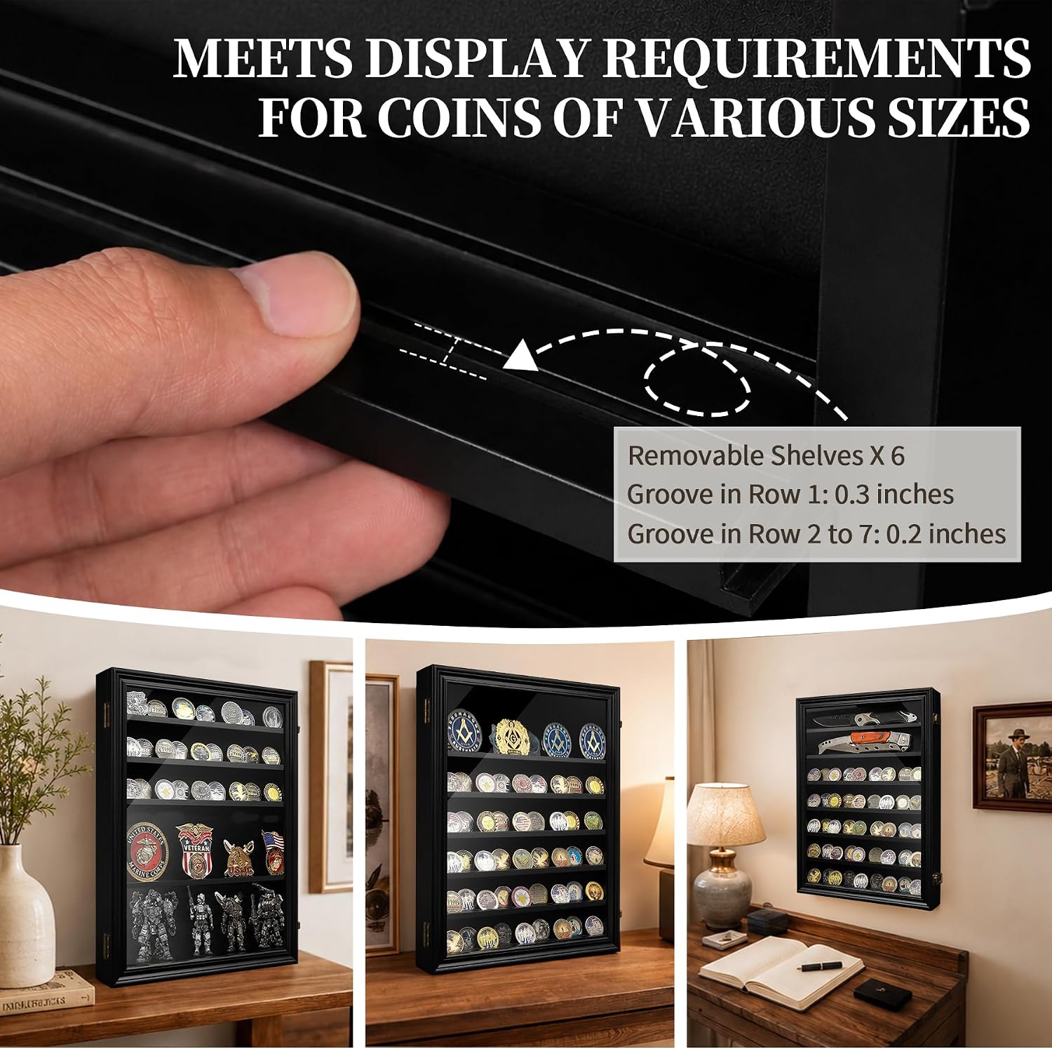 ASmileIndeep 7 Rows Military Challenge Coin Holder Display Cabinet Wall Mount with HD Tempered Glass, Holds 100 Coins, Wooden Medal Display Case Shadow Box with Removable Shelves, Mahogany