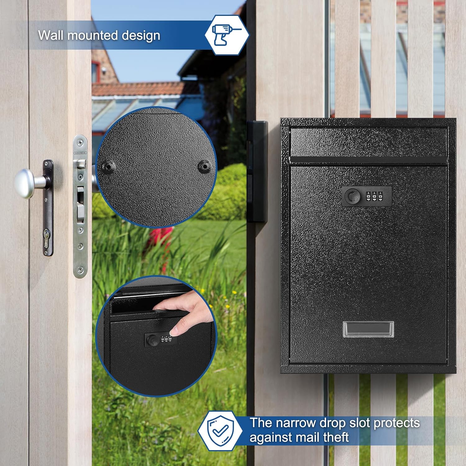 KYODOLED Mailbox for Outside, Wall Mount Locking Mailbox, Security Drop Box with Key Lock for Letters, Cash, Cards, Steel Mail Box for House Office School, 12.4H x 8.54L x 3.35W Inches, Black