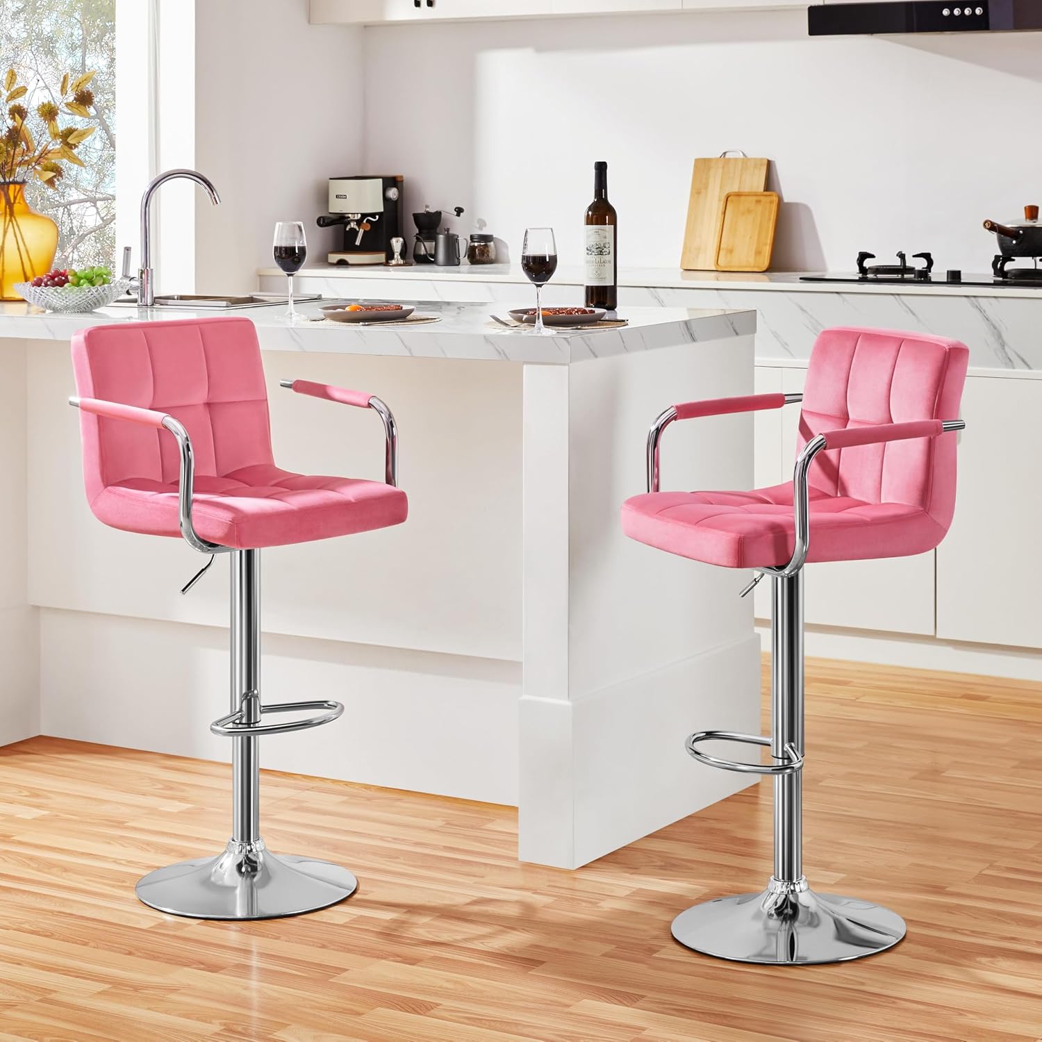 Yaheetech Bar Stools Set of 2, Swivel with Backs, Adjustable Height, White | 360° Swivel Barstools Feature Padded PU Leather Seats, Supportive Backs, 300 lb Capacity for Kitchen Islands