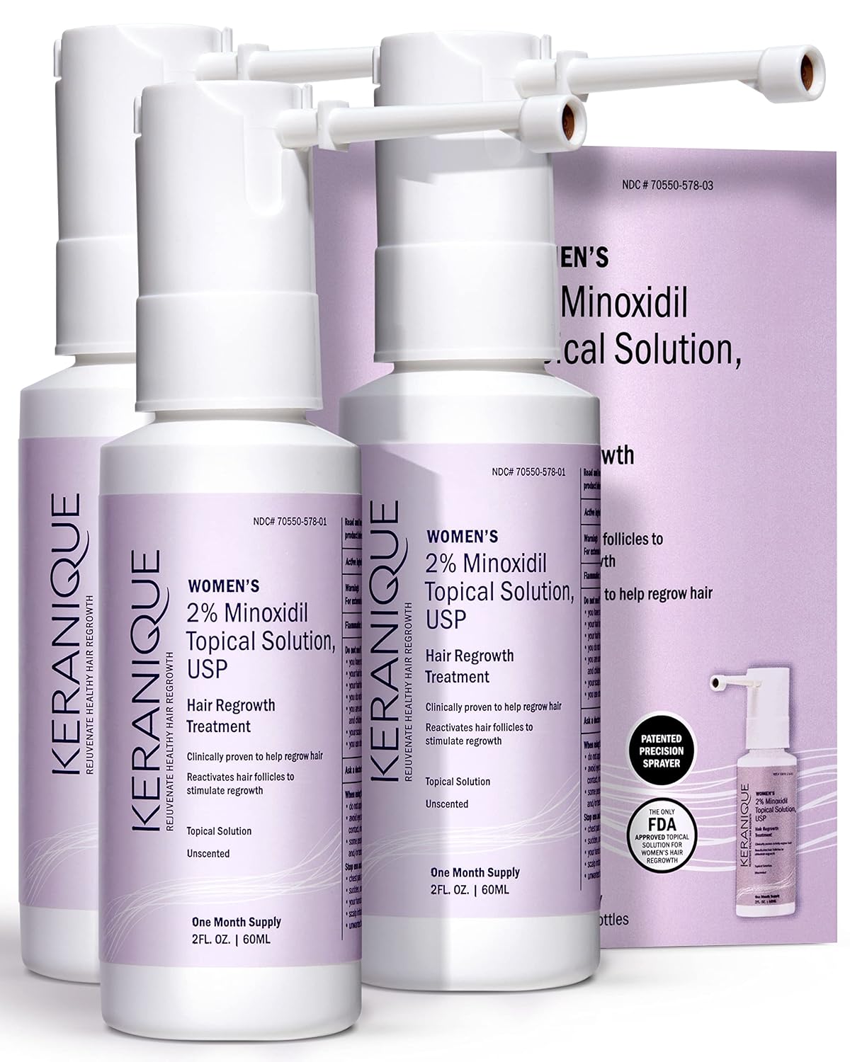 Keranique Hair Regrowth Treatment for Women - 2% Minoxidil for Hair Growth & Thickening - Topical Solution Scalp Treatment for Hair Loss & Thinning w/ Precision Spray Applicator - 2 Fl Oz