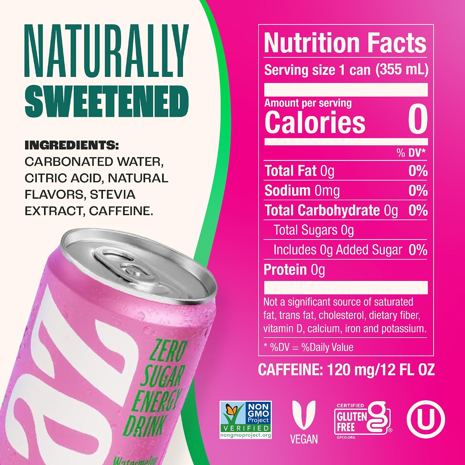 Zevia Zero Sugar Energy Drink, Raspberry Lime, 12 oz Cans (12-Pack) – Naturally Sweetened, Zero Calorie Sugar Free Energy - Non-GMO Project Verified, Gluten-Free, Vegan