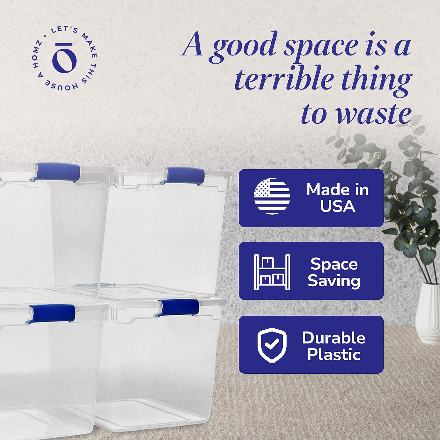 HOMZ Clear Plastic Storage Bins with Latching Lid, 15.5 Qt, Blue, 4 Pack | Stackable Container Set for Home, Office Shelves, Kitchen, Garage, and Bathroom Organization