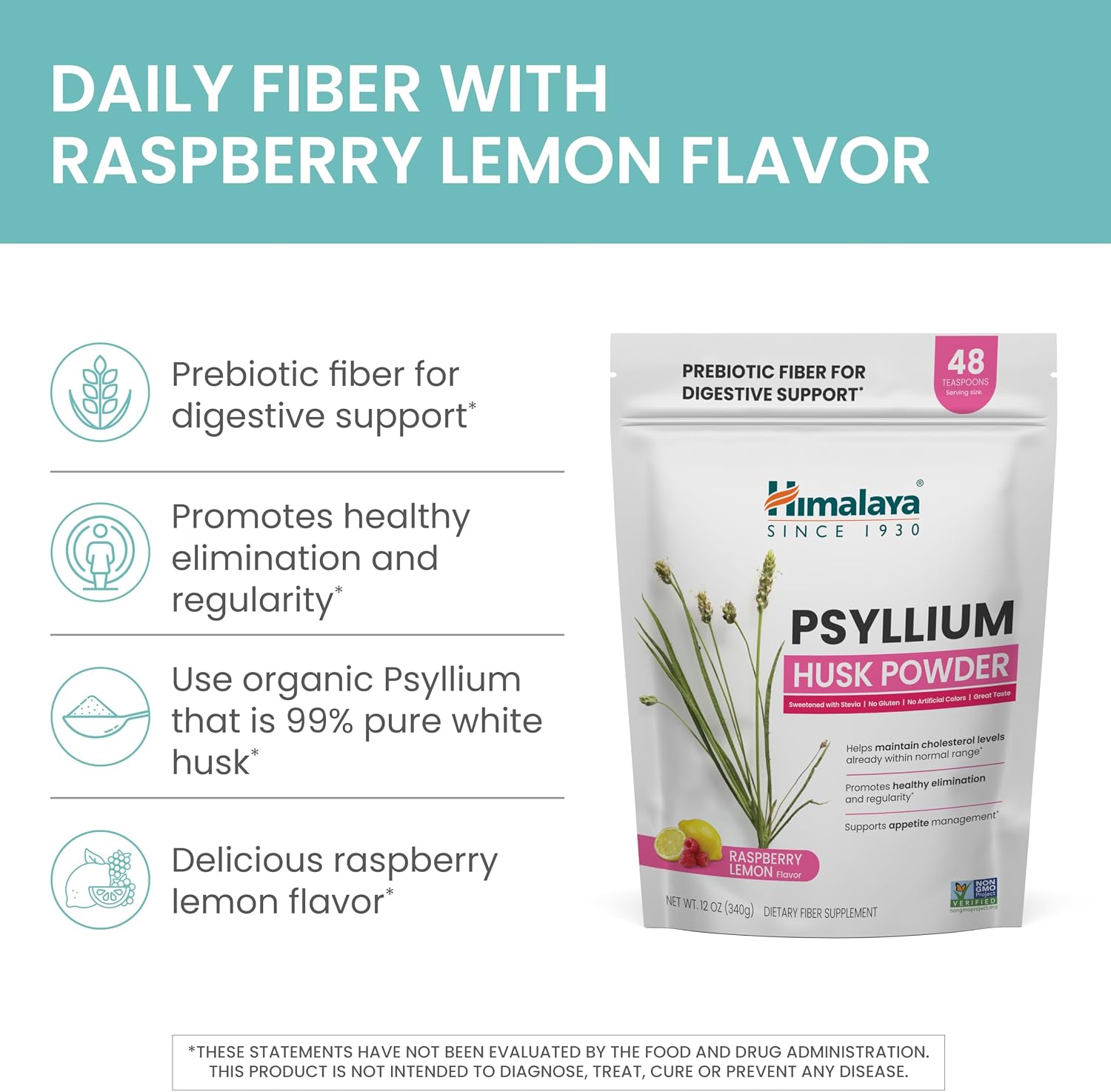 Himalaya USDA Organic Psyllium Whole Husk Powder, Natural Daily Fiber Supplement, Regularity, Appetite Management, Non-GMO, 56-Tablespoon Supply, Unflavored, 12 Oz