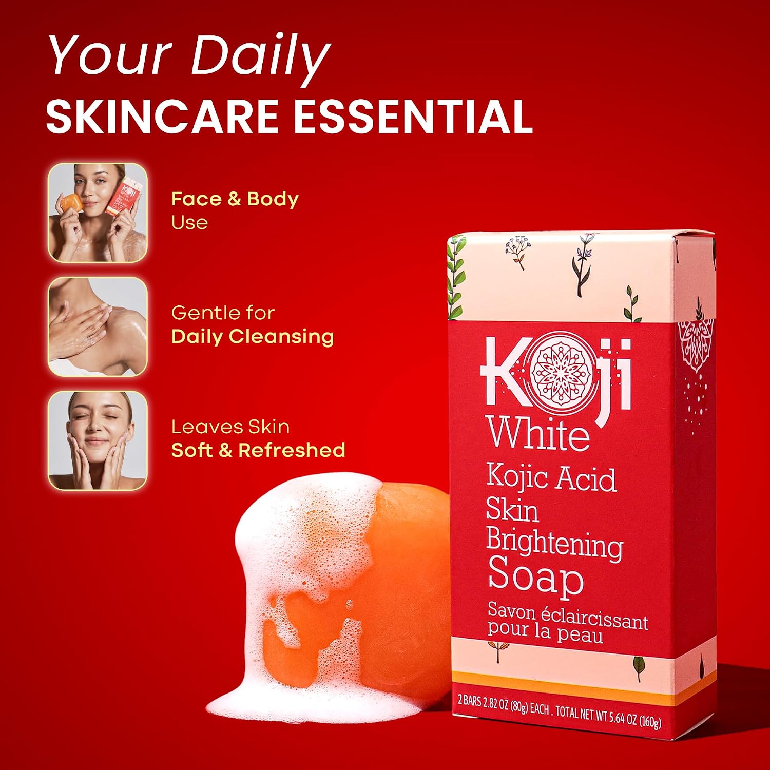 Koji White Pure Kojic Acid Soap | Glycerin Soap Bar for Gentle Skin Brightening and Exfoliation with Tea Tree, Coconut Oil