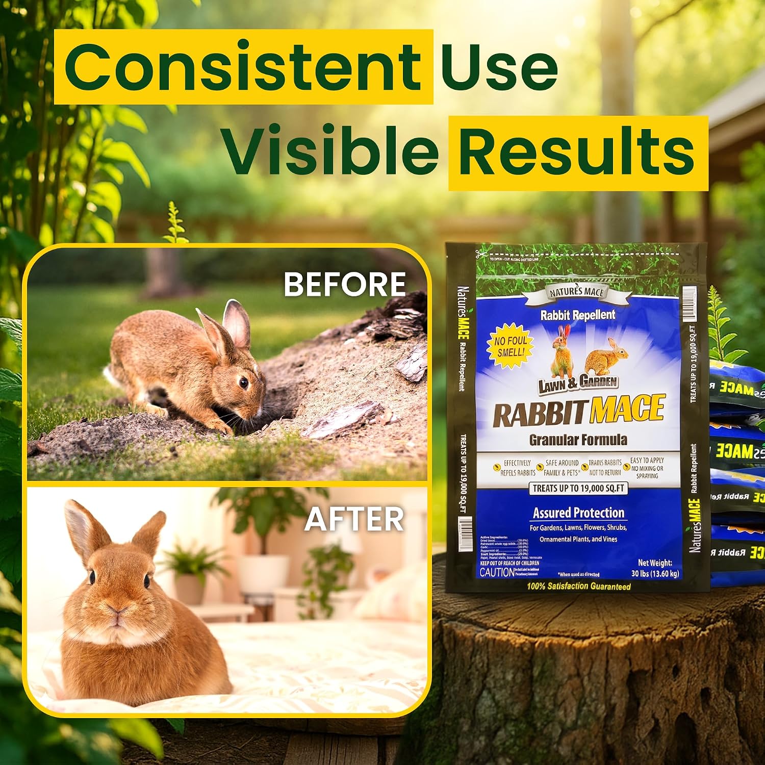 Nature's MACE Rabbit Mace Rabbit Repellent 3 lb Granules | Gardens, Lawns, Farms & Landscapes, Treats 1,350 sq ft, Granular Deterrent, All-Season Use, Safe for Pets, Children, Plants.
