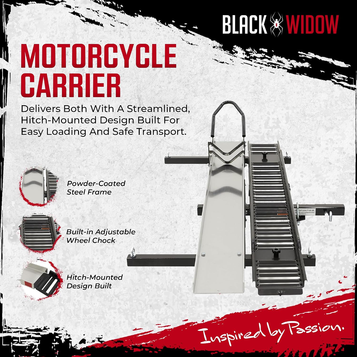 Black Widow Hitch Mounted Steel Motorcycle Carrier w/Ramp