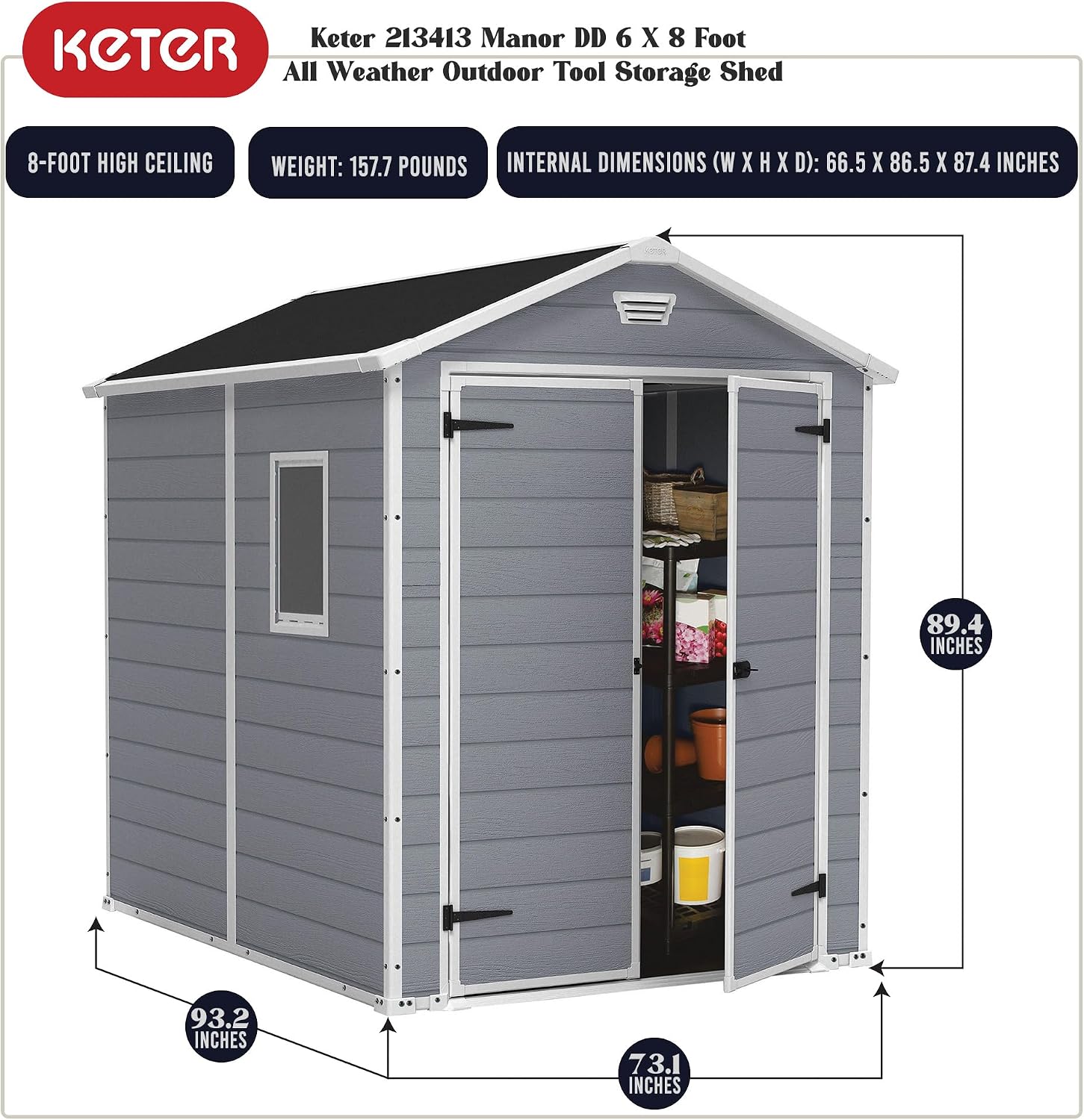 Keter Manor 6x8 Foot All Weather Garden Tool Outdoor Storage Shed with Lockable Double Doors, Fixed Window and Wood-Look Resin Walls