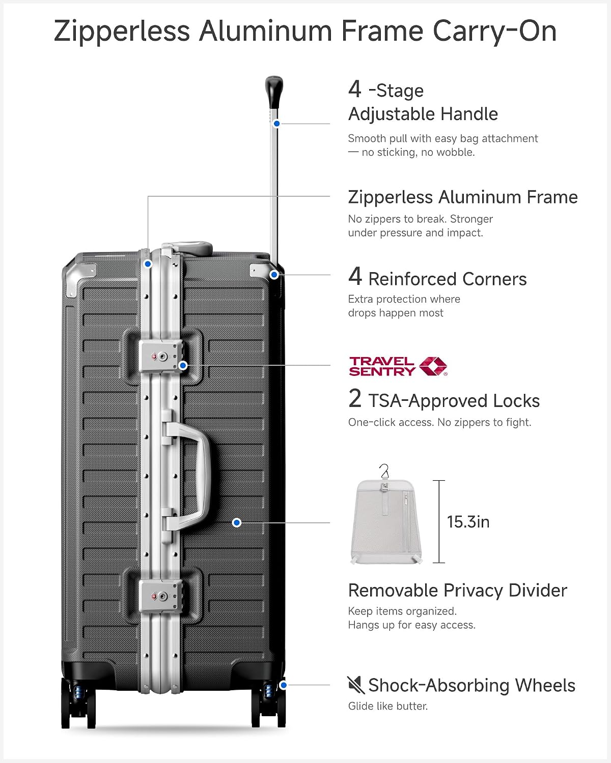 LUGGEX Zipperless Checked Suitcase, Aluminum Frame, Charcoal Metallic, 28" | Checked Luggage, 100% PC Hard Shell, 8010S Aluminum Frame, 8 Spinner Wheels, TSA Lock, Hard Shell, ZX-Core