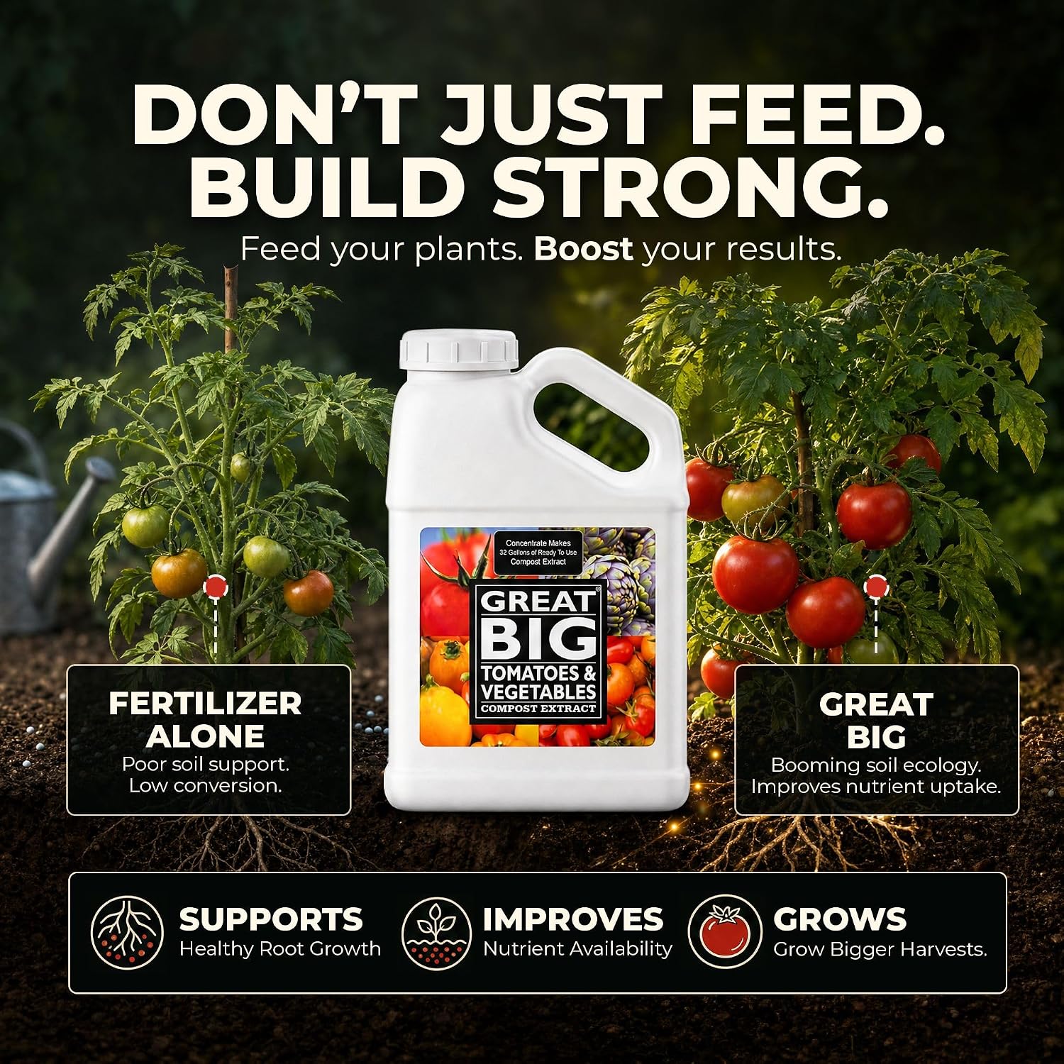 Great Big Tomatoes and Vegetables Liquid Fertilizer Booster - Organic Soil Conditioner, Liquid Compost Extract with Humic Acid, Fertilizer Activator for Big Vegetable Yields, 70 Minerals - 32 Ounce