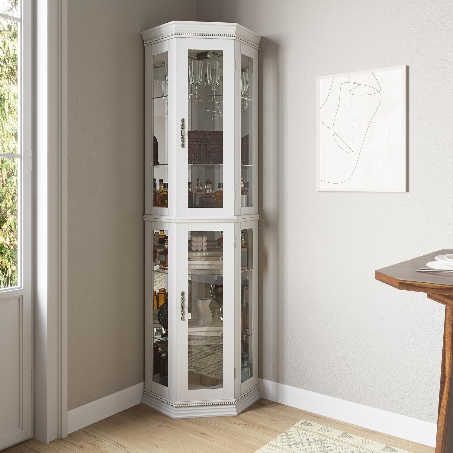 BELLEZE Lighted Wooden Corner Display Curio Cabinet, Two Section Shelving Unit with Tempered Glass Door