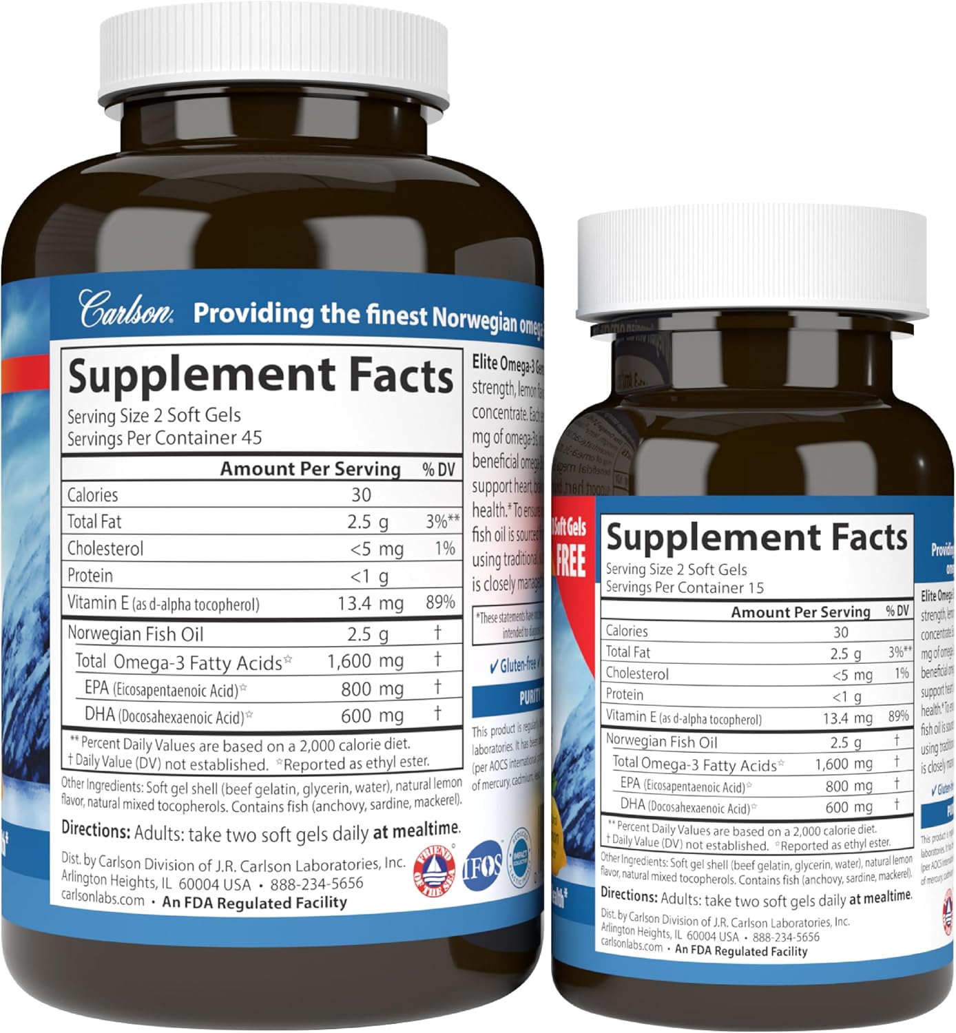 Carlson Elite Omega-3 Gems, 1600 mg, from Norway, Lemon, 90 + 30 Softgels | Omega-3 Fatty Acids Including EPA and DHA; Wild-Caught Fish Oil Supplement; Sustainably Sourced Omega 3 Fish Oil Capsules