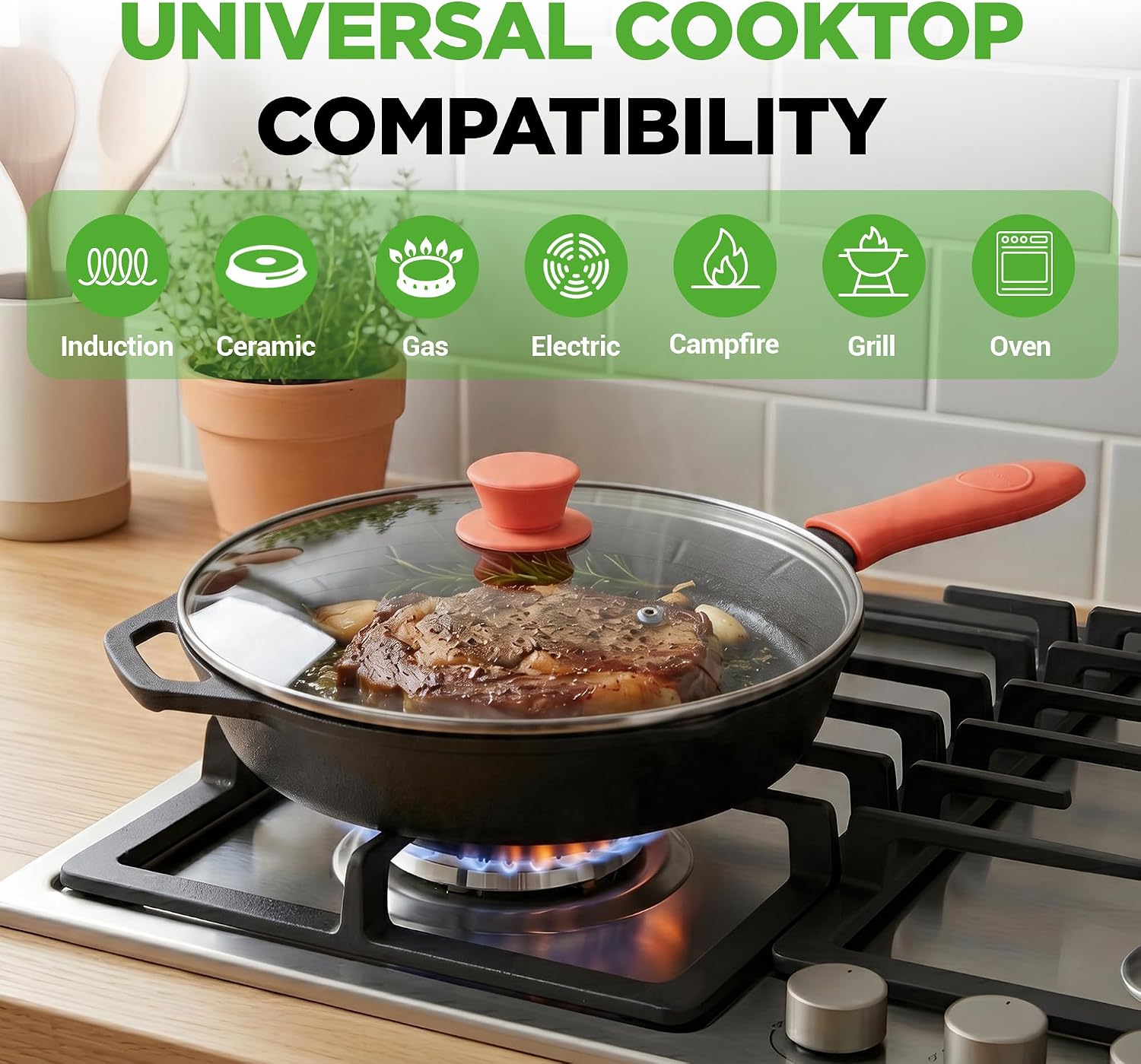 NutriChef 10 Inch Cast Iron Skillet with Lid - Pre-Seasoned Small Fry Pan with Side Drip Spout and Silicone Handle