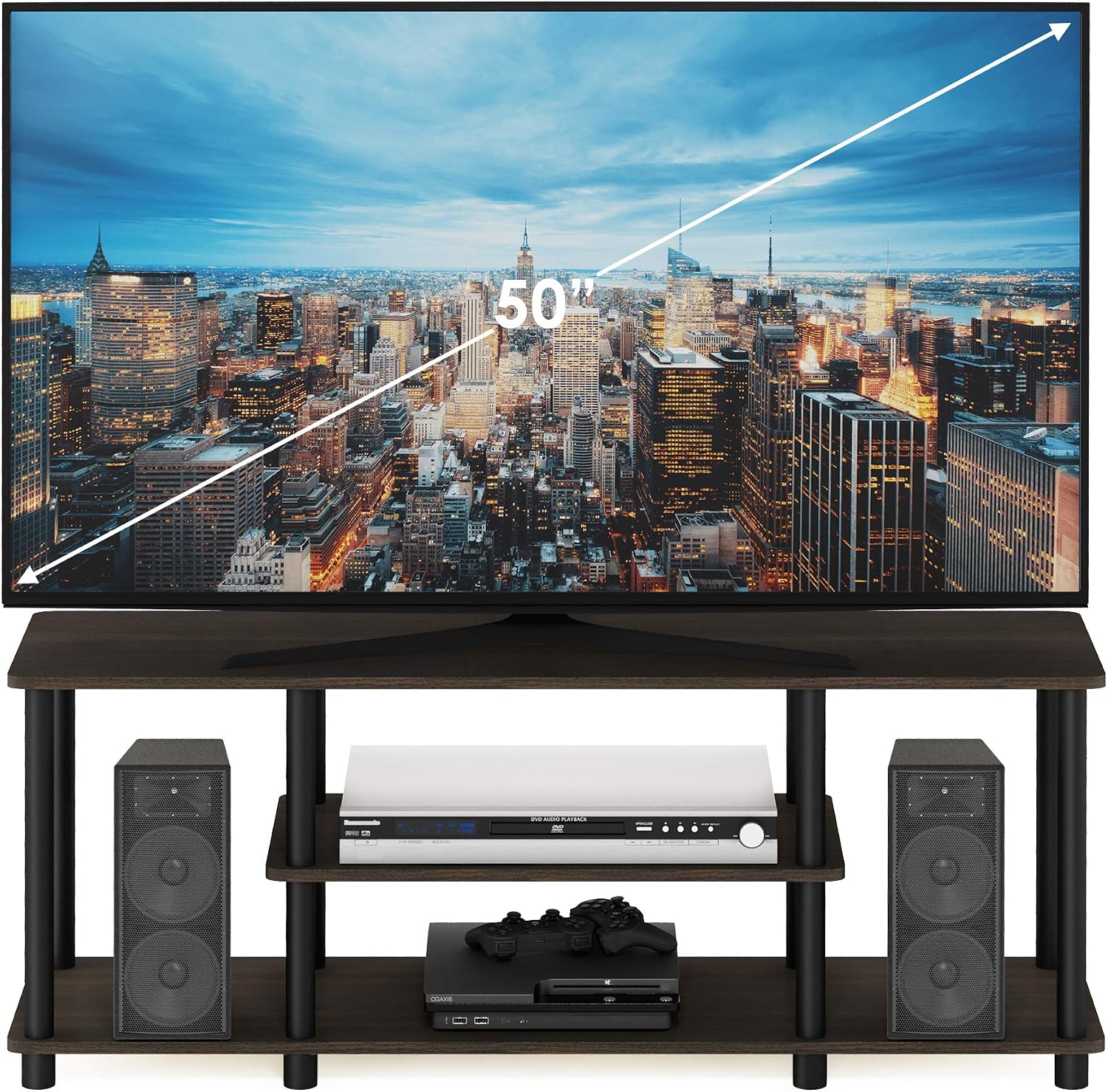 Furinno Turn-N-Tube No Tools 3D 3-Tier Entertainment TV Stand up to 50 inch TV, Round Tubes, French Oak Grey/Black | for TV up to 50 Inch, Open Frame Rectangular Entertainment Center with Storage Shelf, TV Console, for Living Room, Bedroom