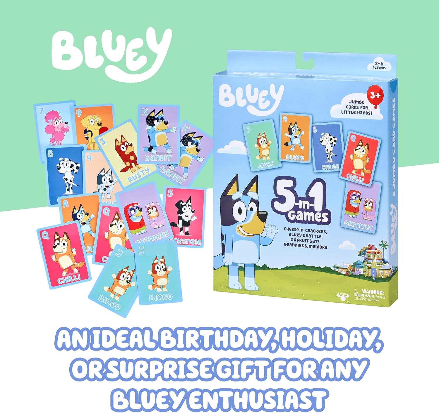 Moose 5-in-1 Bluey Card Game Set, Jumbo-Sized 53-Deck Toddler Game, Multi-Color Interactive Play Card Games for Kids of Ages 3+