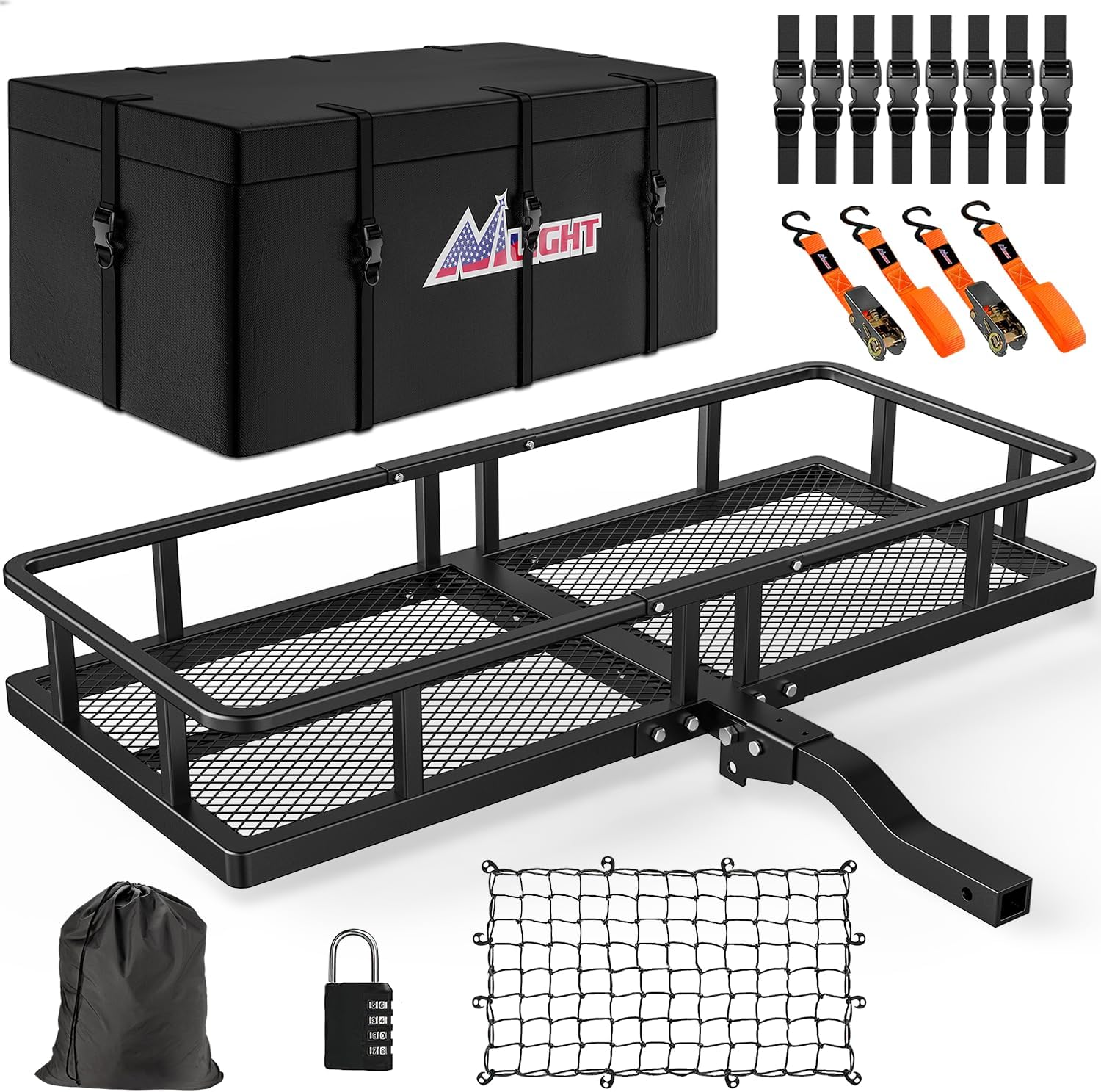 Nilight 32”×26”×4” RV Bumper Mounted Cargo Rack Carrier with Net Fits 4-inch or 4-1/2-inch Bumpers Heavy Duty Luggage Holder Basket for RV Camping Traveling Capacity 350LBS