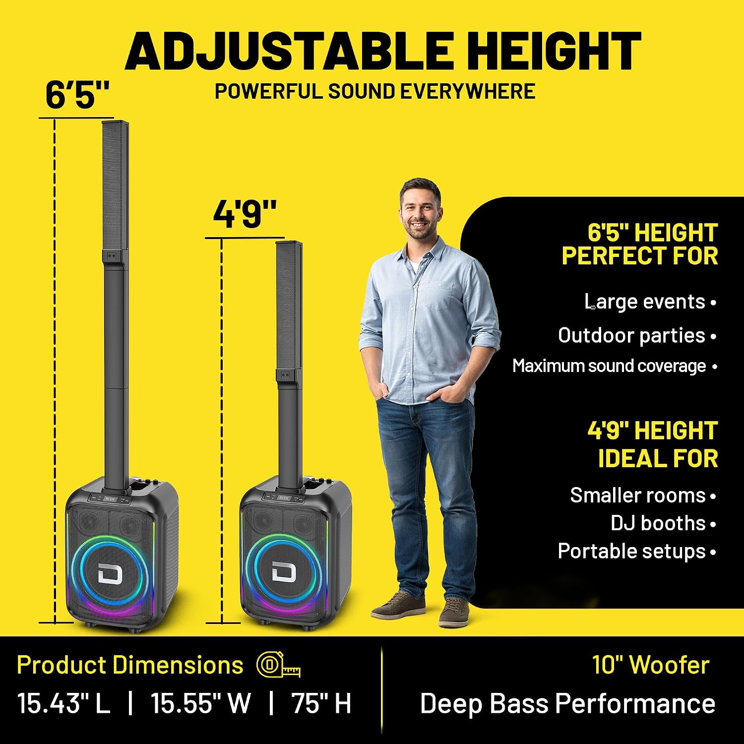 Dolphin Karaoke Bluetooth Party Speaker with 2 Wireless Mics, 10" Woofer | 200W RMS, Adjustable 3-Piece Tower Design, WaveSync TWS Pairing, USB/AUX