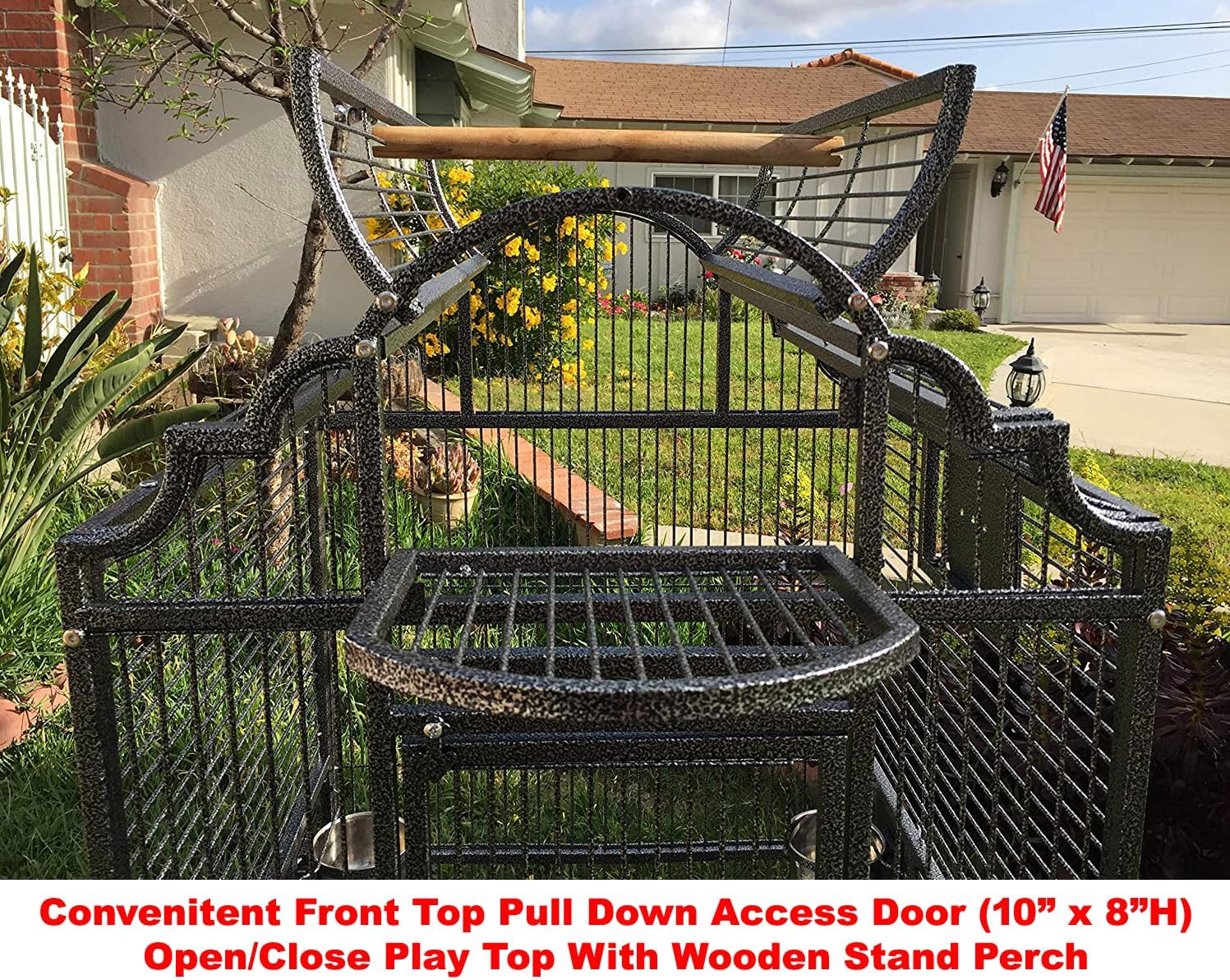 Large Elegance and Durable Wrought Iron Open Play Top Stand Bird Parrot Rolling Cage, Include Metal Seed Guard Solid Metal Feeder Nest Door (White Vein, 24.0" L x 22.0" W x 63.0" H)