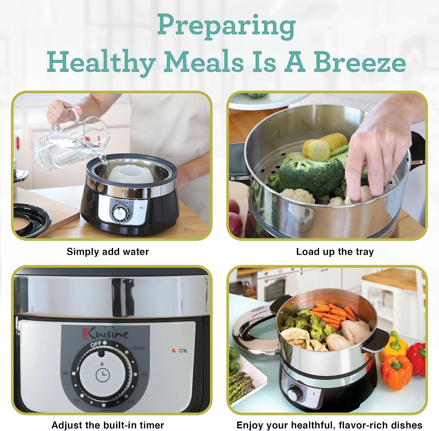 Euro Cuisine FS3200 Electric Food Steamer, Versatile Vegetable Steamer & Steam Cooker for Healthy Cooking, Ideal for Fish, Veggie, Meat, Easy Cleaning