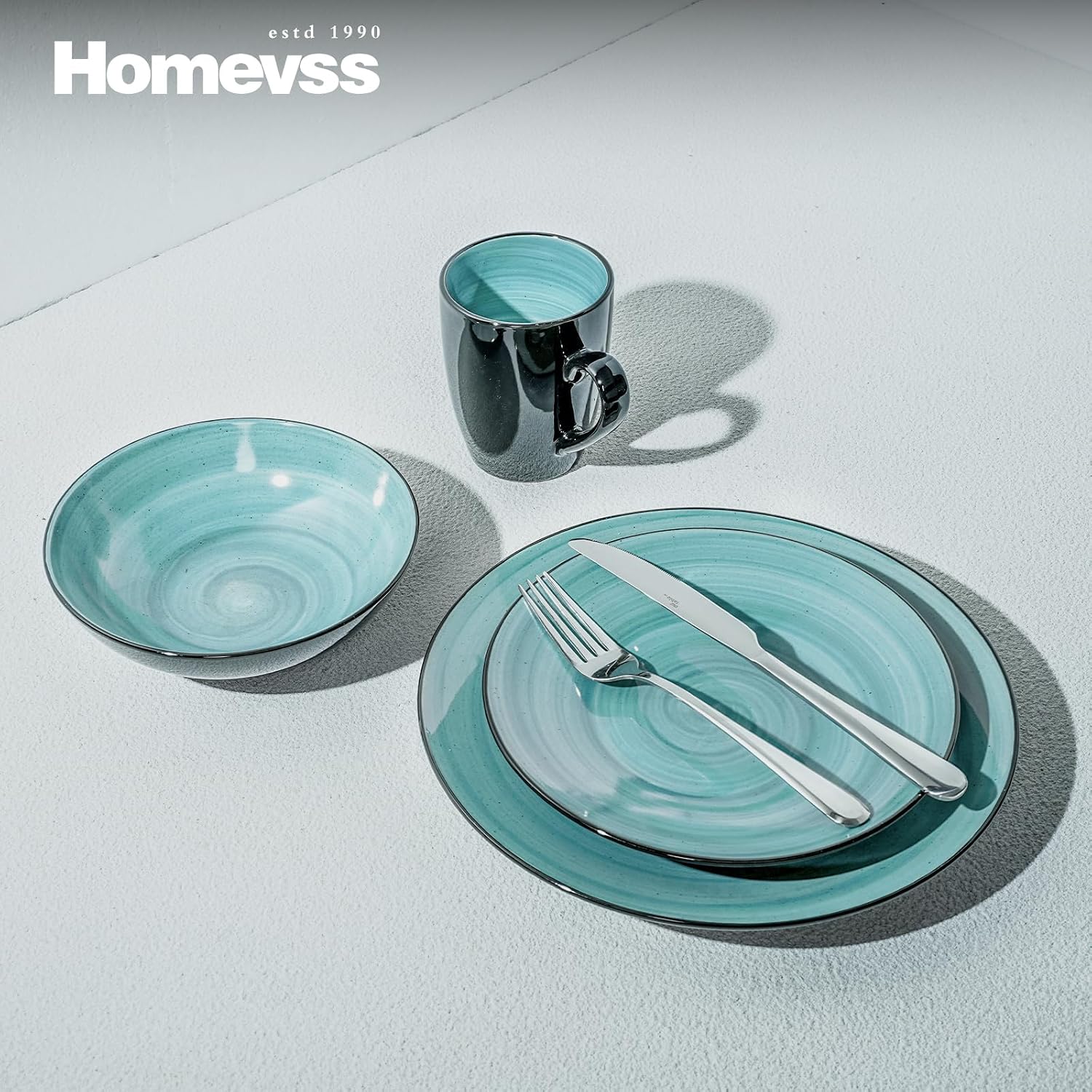 HomeVss, Sonoma Stoneware Dinnerware Set, Outside Black + Inside Hand Painting Color (16pc Set, Grey)