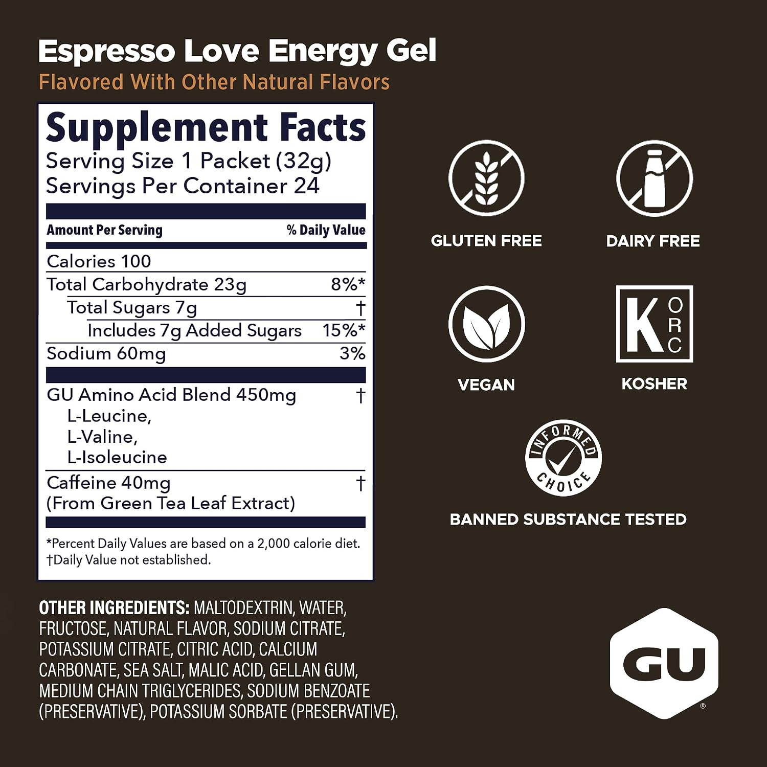 GU Energy Original Sports Nutrition Energy Gel, Vegan and Dairy-Free On-the-Go Energy for Any Workout, Vanilla Bean, 8-Count
