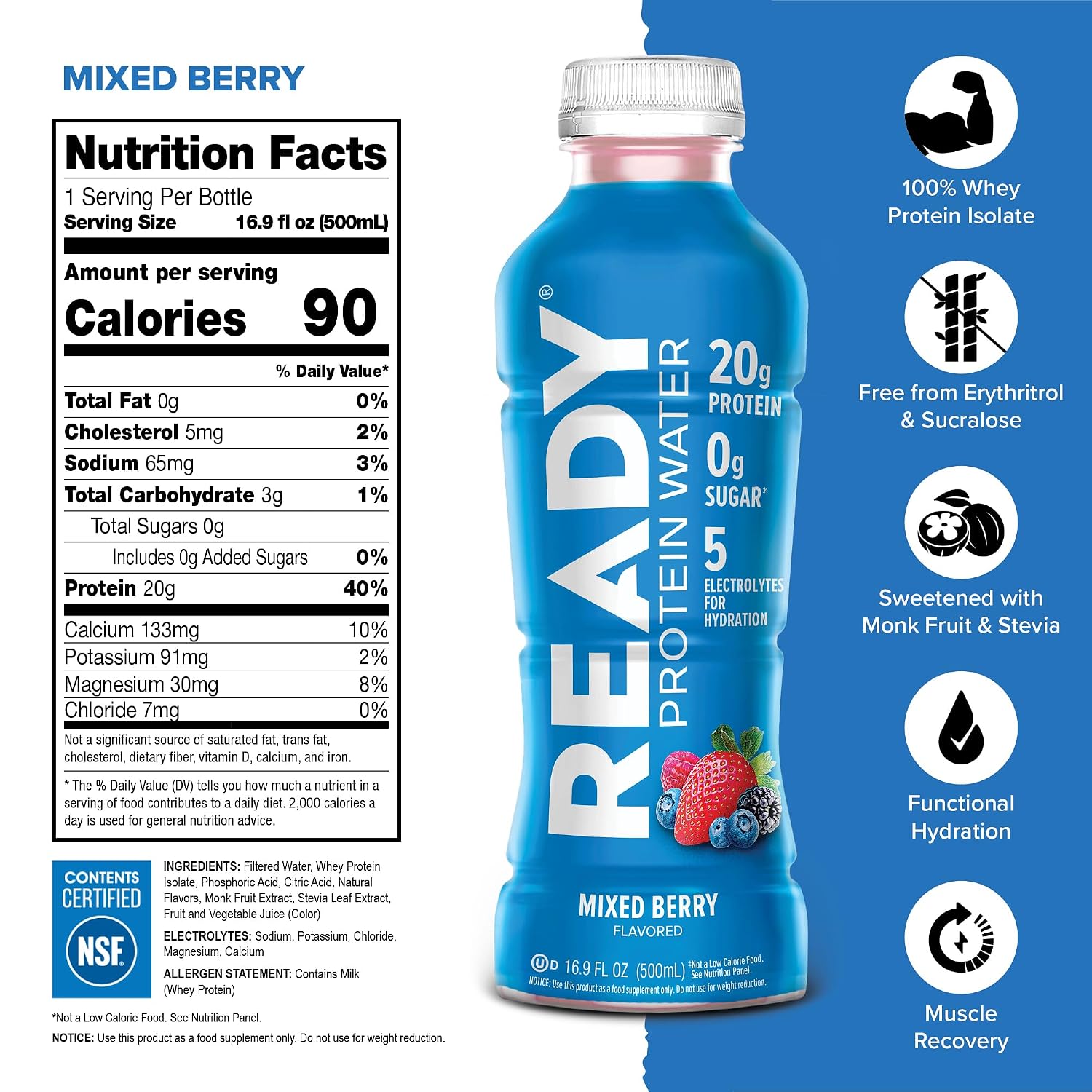 Ready Clear Protein Water, Blueberry, 20g Whey Protein Isolate, 12 Pack