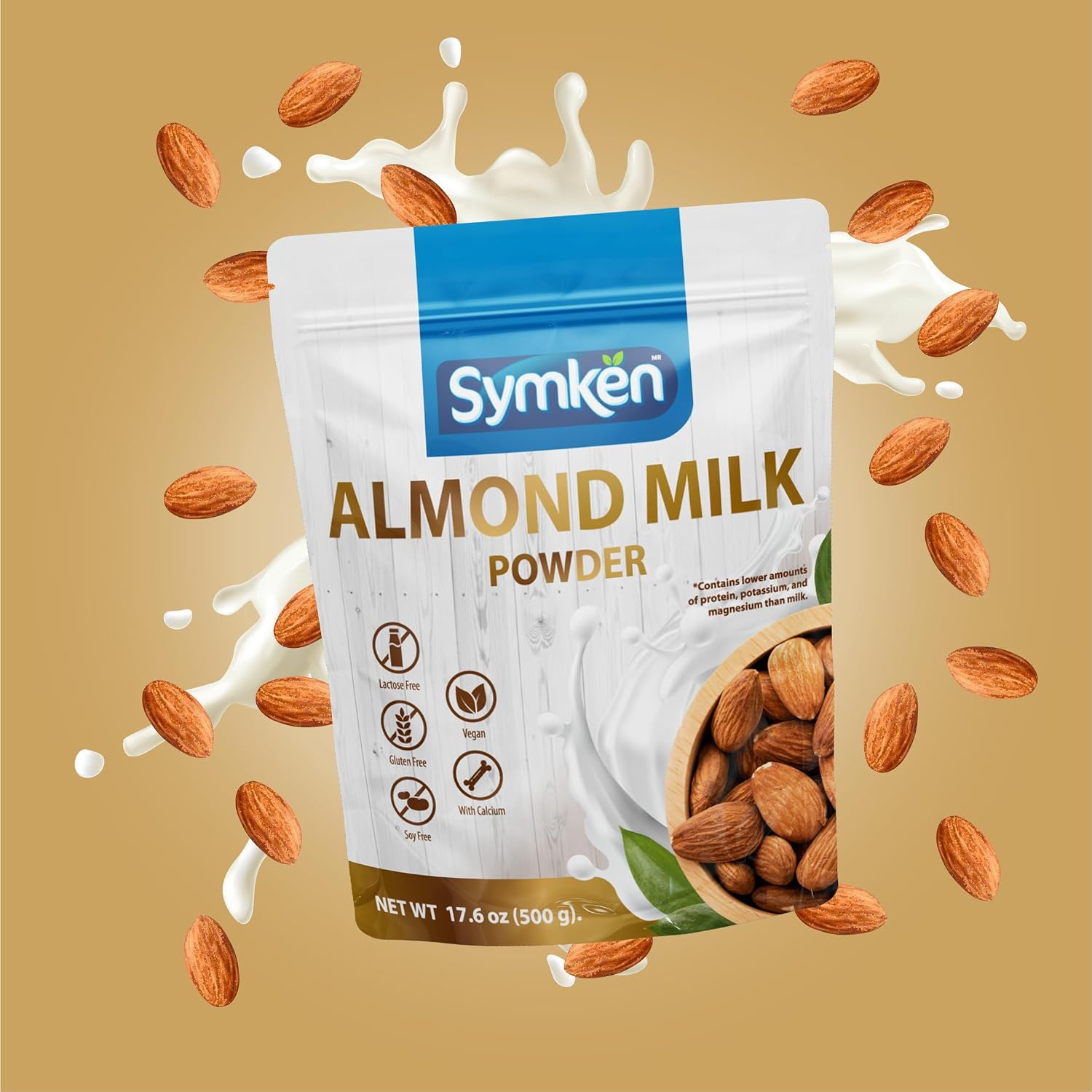 SYMKEN Almond Milk Powder 17.6 Oz (500g) | Pure Almond | No added sugar | Vegan | Gluten free | Lactose free | Non-GMO | Non-Dairy | Vegan protein