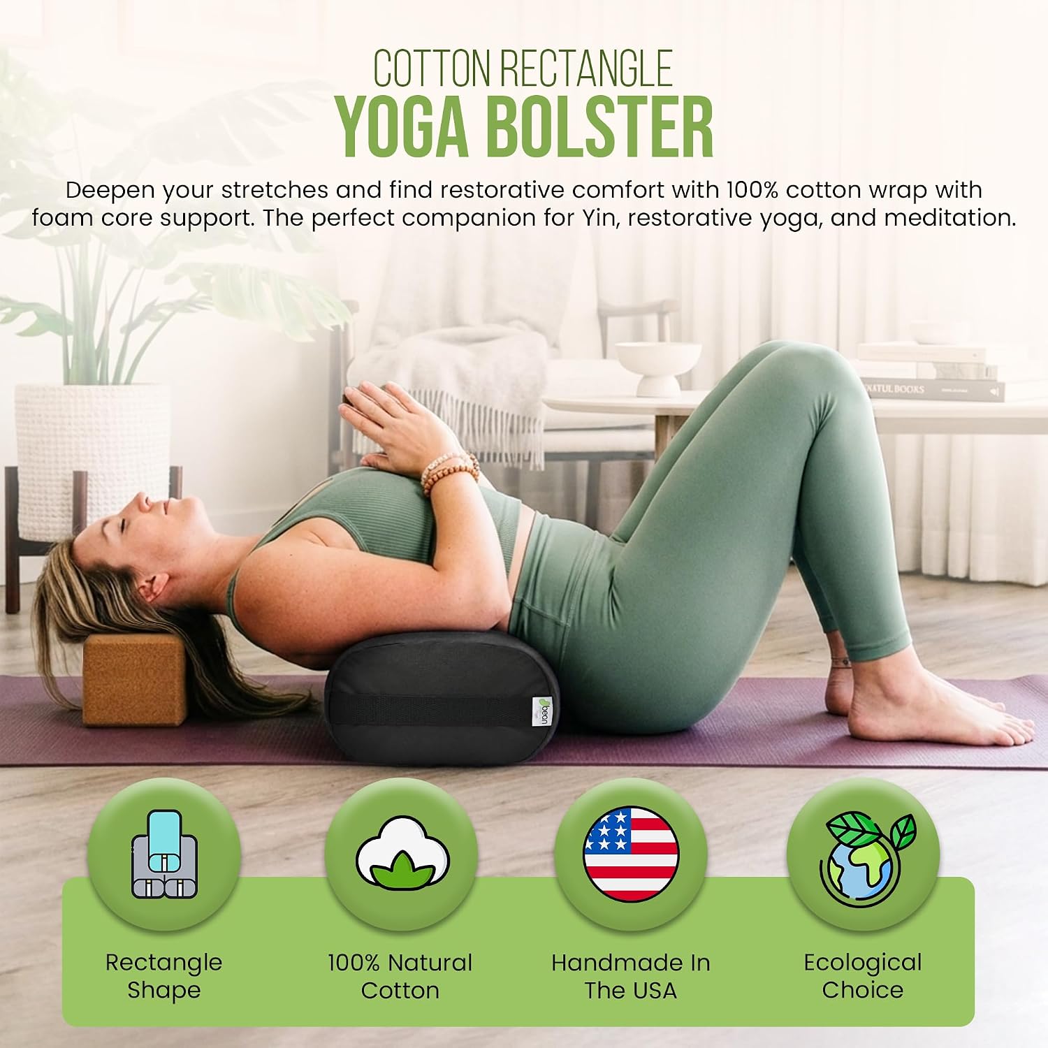 Bean Products Cotton Batting Yoga Bolster - Studio Grade Round or Rectangular Restorative Yoga Pillow for Pilates and Yin Practice - Soft Yet Firm Support with Cotton Cover - Made in The USA