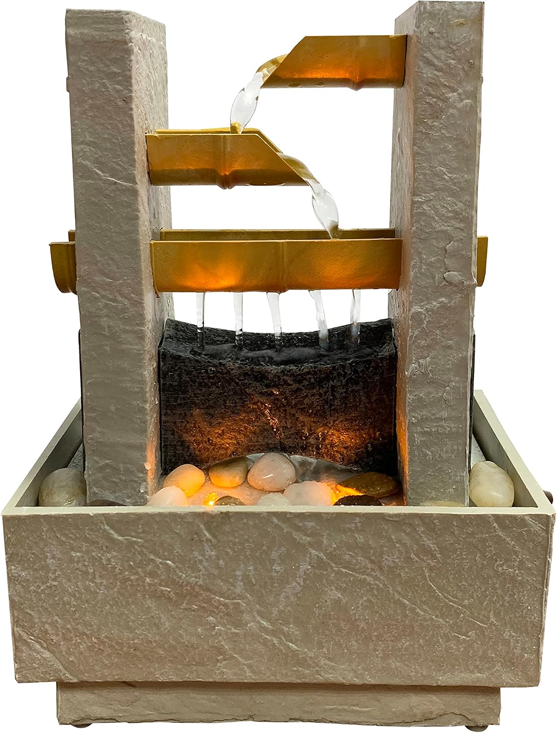 Nature's Mark 8" H Cascading Bamboo Tabletop Water Fountain with Natural River Rocks and LED Lights (Power Cord Attached)