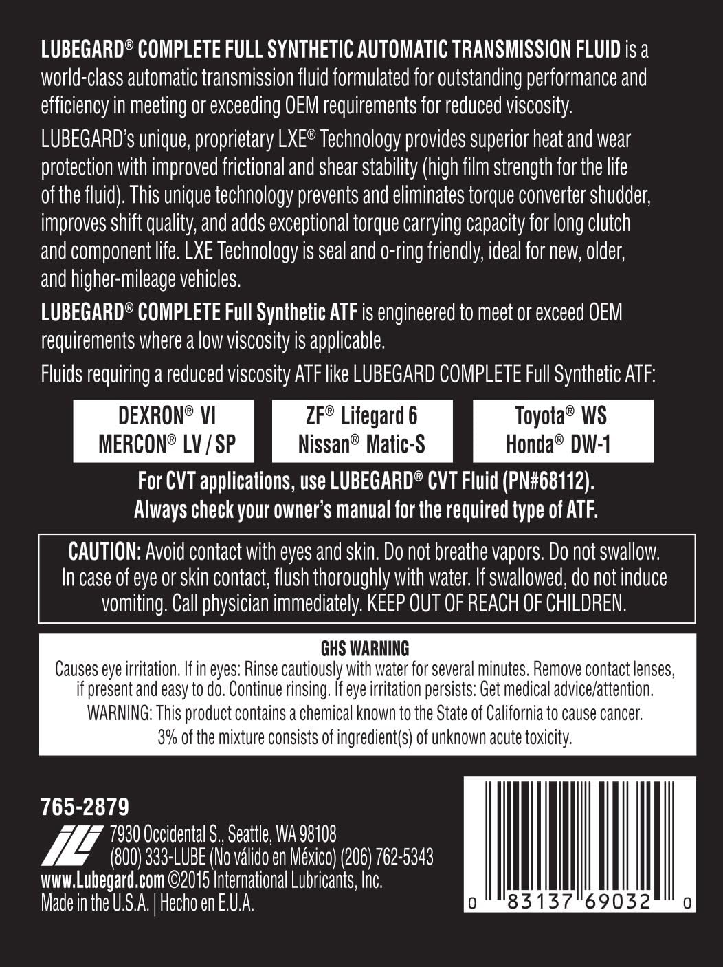Lubegard 69032 Complete Full Synthetic Automatic Transmission Fluid, 32 oz.