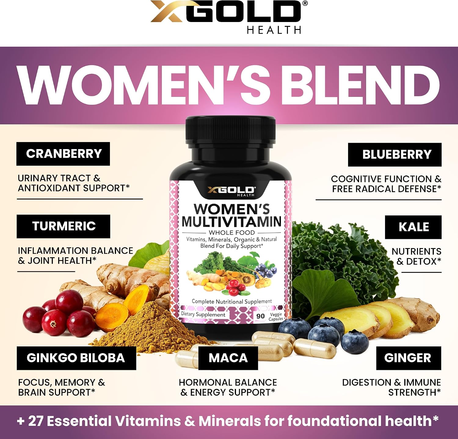 Vegan Women's Daily Multivitamin 50 Plus with Organic WholeFood Based Natural Ingredients, Ginger, Maca