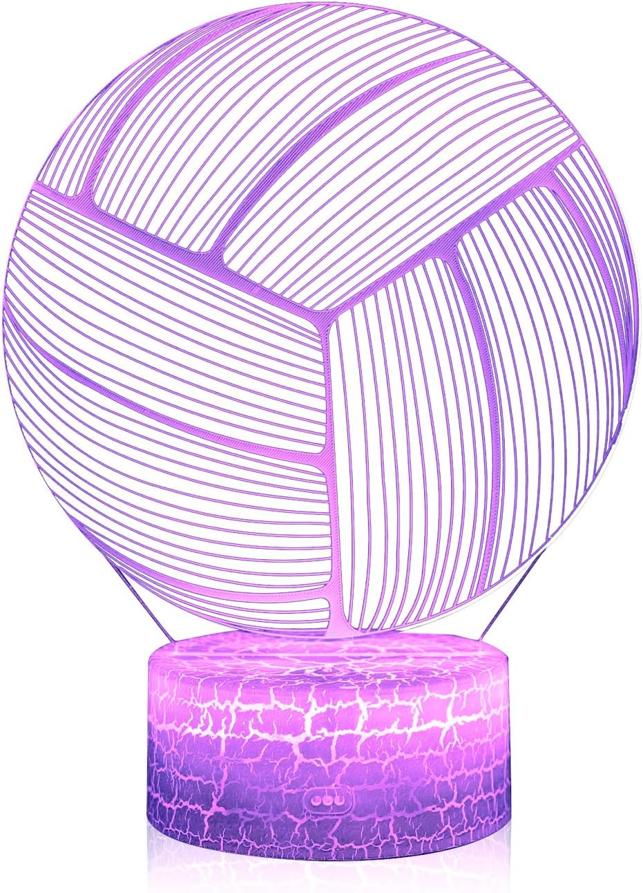 Volleyball 3D Illusion Night Light,16 Colors Changing Touch Switch & Remote Control,Acrylic Flat & ABS White Crack Base &USB Cable Table Lamp