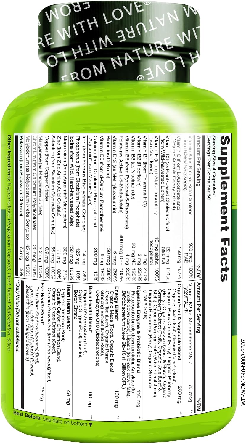NATURELO Whole Food Multivitamin for Women - with Vitamins, Minerals, & Organic Extracts - Supplement for Energy and Heart Health - Non GMO - 120 Vegan Capsules | Women's Multivitamins with Vitamins, Minerals, Organic Extracts for Energy and Heart Health…