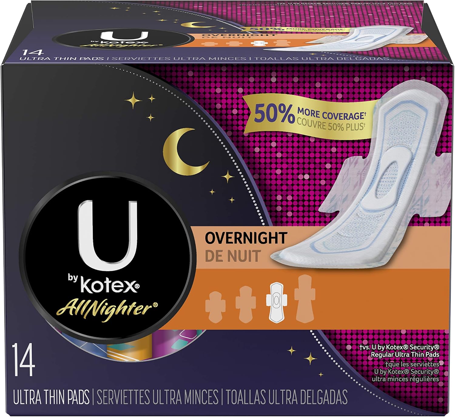 U by Kotex AllNighter Ultra Thin Overnight Pads with Wings, Fragrance-Free, 6 Packs of 14 Pads (84 Pads Total)