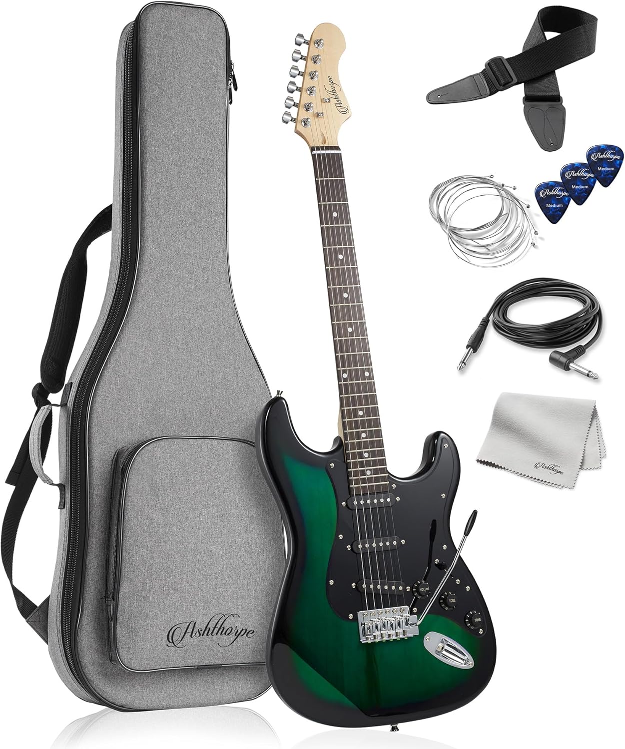 Ashthorpe 39-Inch Electric Guitar (Blue-Black), Full-Size Guitar Kit with Padded Gig Bag, Tremolo Bar, Strap, Strings, Cable, Cloth, Picks