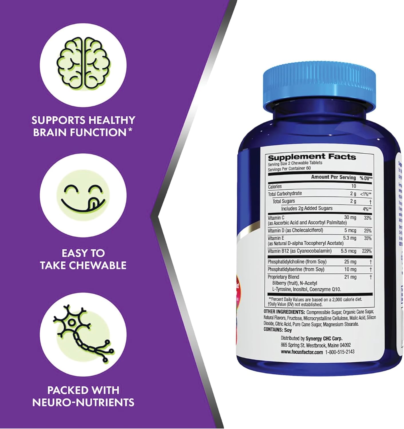 Focus Factor Kids Extra Strength Daily Chewable for Brain Health Support, 120 Count – Vitamins - Quality Formula – Gluten & Dairy Free Supplements for Children – No Artificial Sweetener