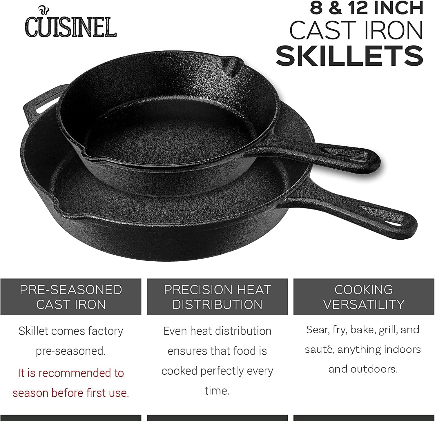 Cast Iron Skillet - 10"-Inch Frying Pan with Pour Spouts + Pan Scraper + Silicone Grip Handle Cover Holder - Pre-Seasoned Oven Cookware - Indoor/Outdoor Use - Stovetop, Induction. PFAS and PFOA-free
