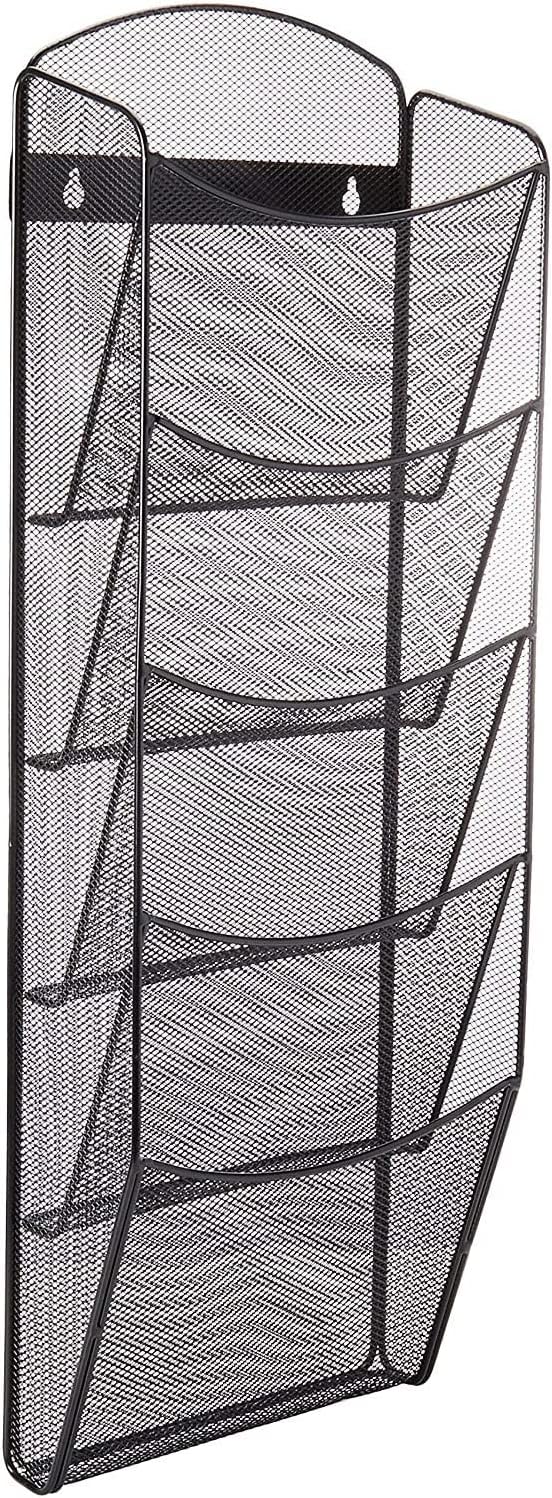 Safco Mesh Magazine Holder, 5 Pocket Wall Mount Display Rack, Brochure Organizer, Durable Steel Construction, 5lb Capacity, Black