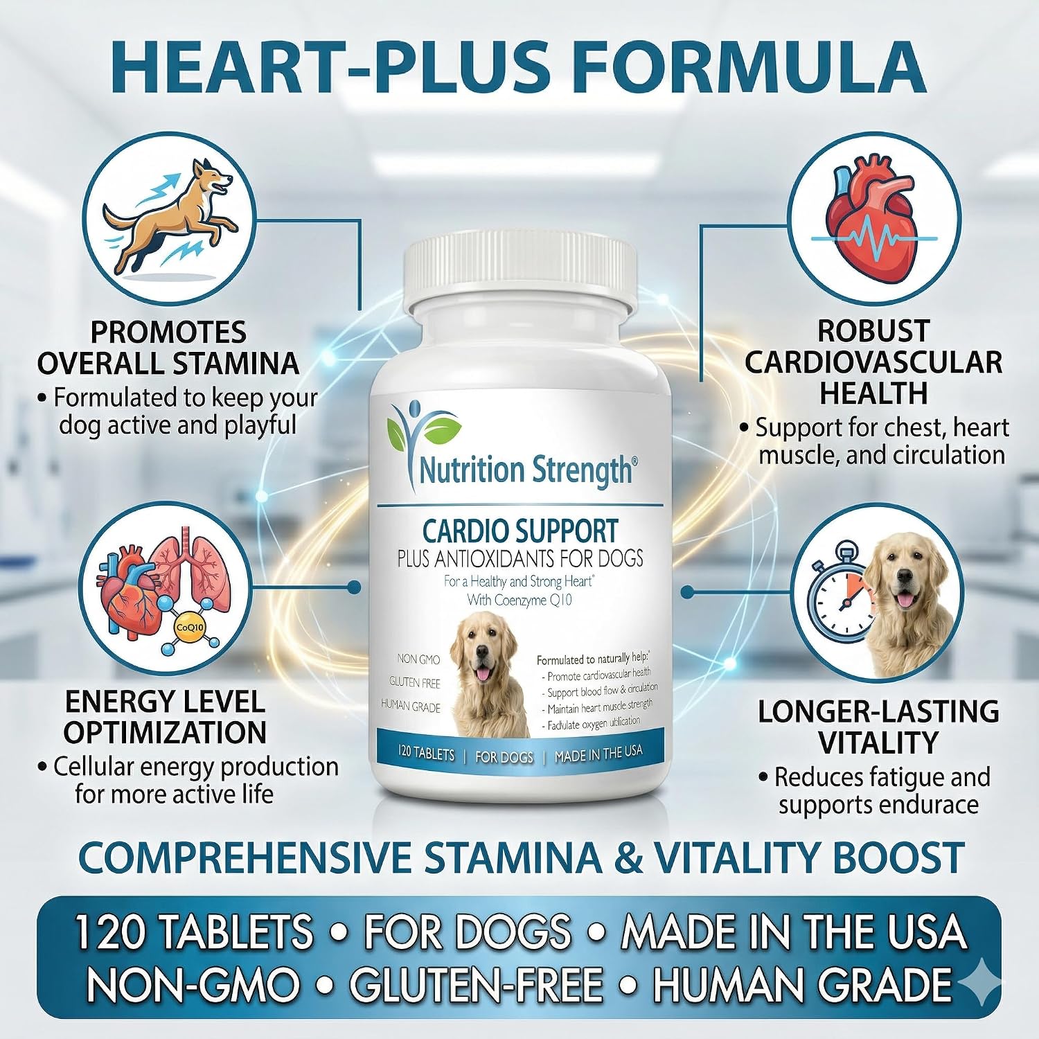 Cardio Support for Dogs Plus Antioxidant, L-Carnitine, L-Taurine, with Coenzyme Q10 and Vitamin E, Promotes a Healthy and Strong Dog Heart