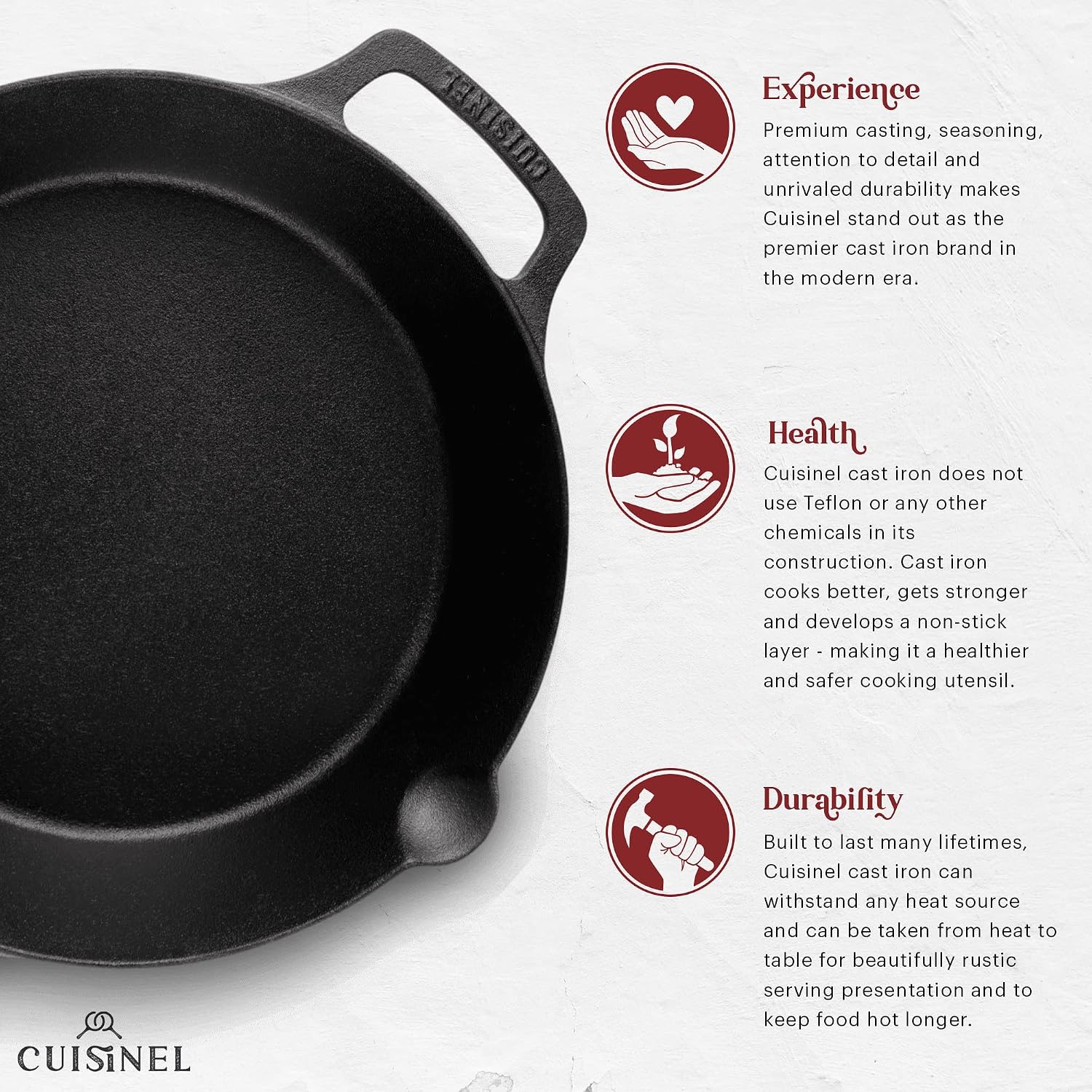 Cuisinel Cast Iron Skillet with Lid - 10"-Inch Pre-Seasoned Frying Pan + Glass Cover + Heat-Resistant Handle Holder - Indoor/Outdoor Use - Grill, Stove, Camp Firepit, Induction - Oven Safe Cookware