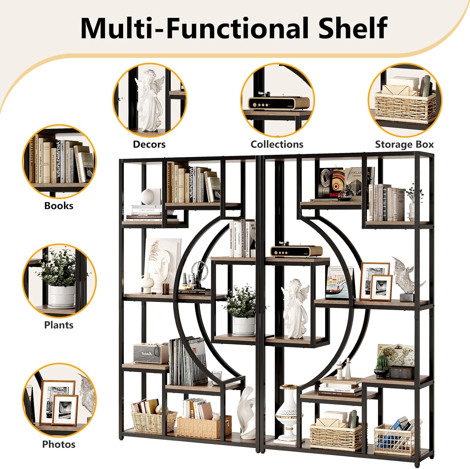 70.8" Tall Bookshelf Set of 2, 79" Wide Geometric Display Shelf with 18 Open Storage Shelves, Etagere Bookcase for Living Room, Office